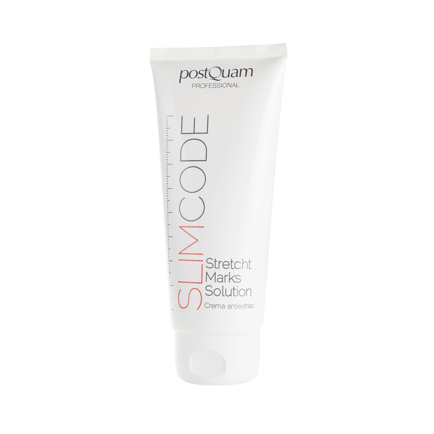Weiße Tube mit roter Aufschrift SLIMCODE und Stretch Marks Solution. Marke Postquam.