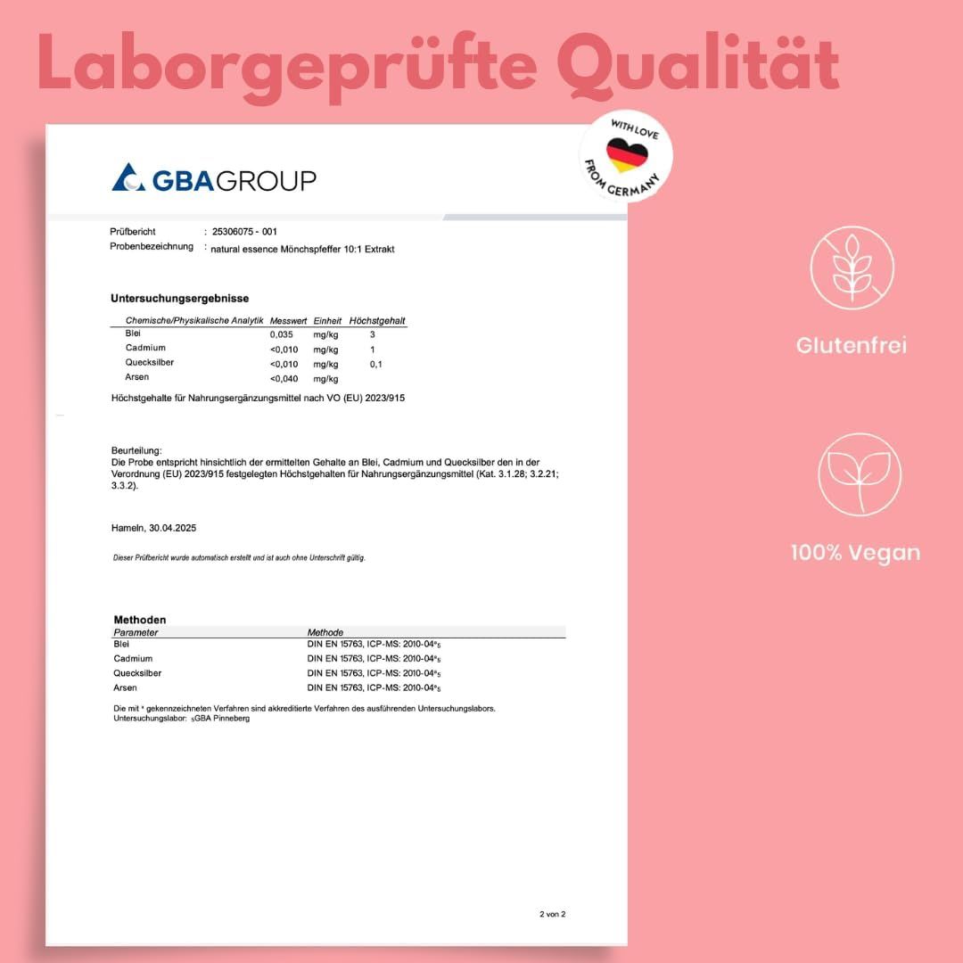 Laborbericht. Text: Laborgeprüfte Qualität, Glutenfrei, 100% Vegan. Mit Liebe aus Deutschland.