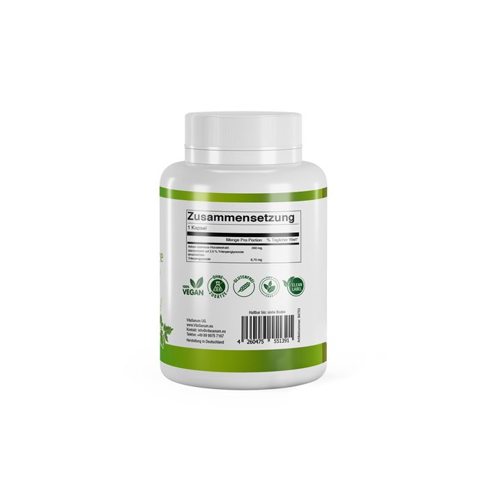 Achterkant van een witte fles met groen etiket. Opschrift: Zusammensetzung. Vegan-zegel.