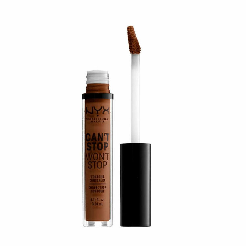 Flüssiger Concealer in einem transparenten Behälter mit schwarzem Applikator. Dunkelbrauner Farbton.