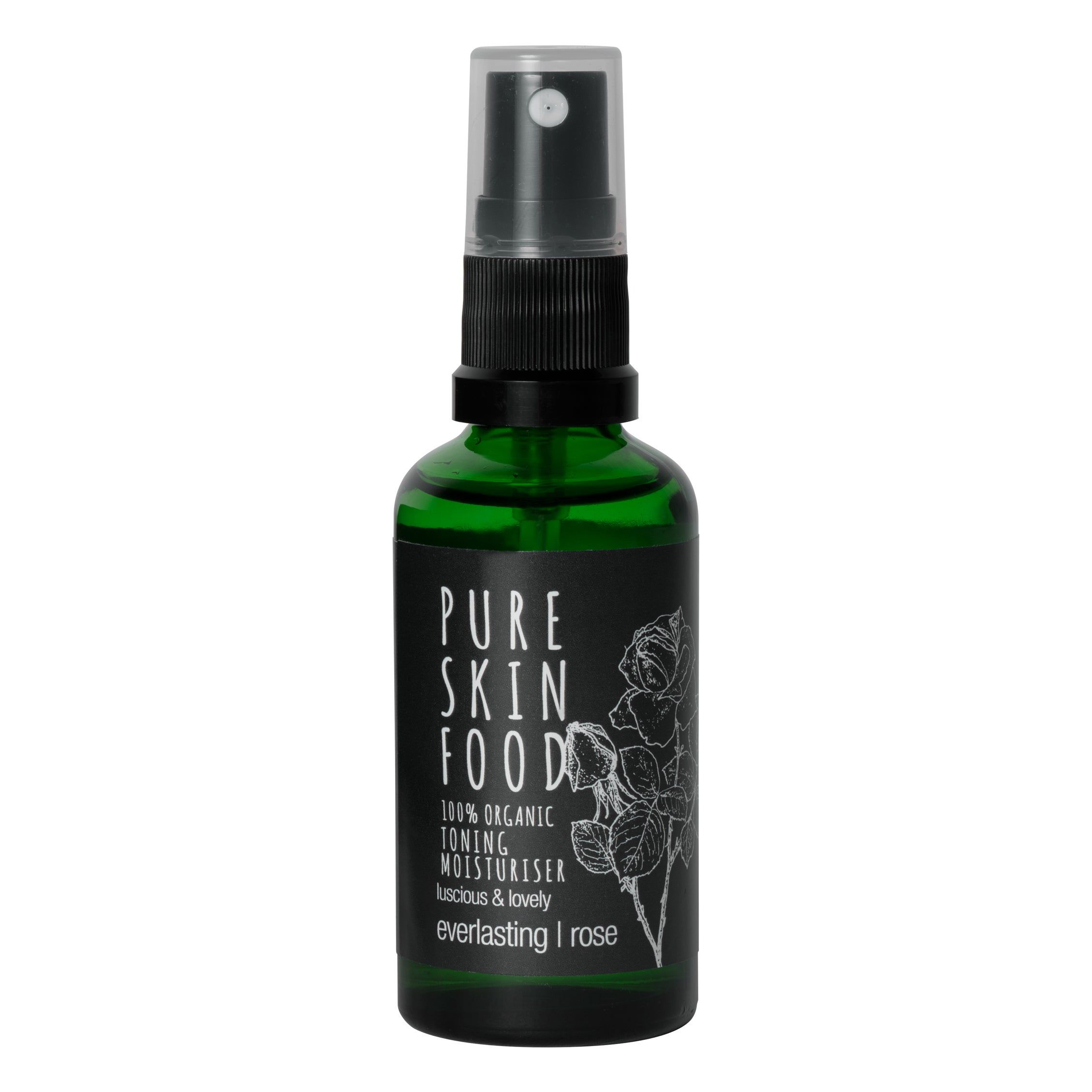 Grüne Glasflasche mit schwarzem Etikett. Aufschrift: Pure Skin Food, Toning Moisturiser, everlasting | rose. Sprühkopf.