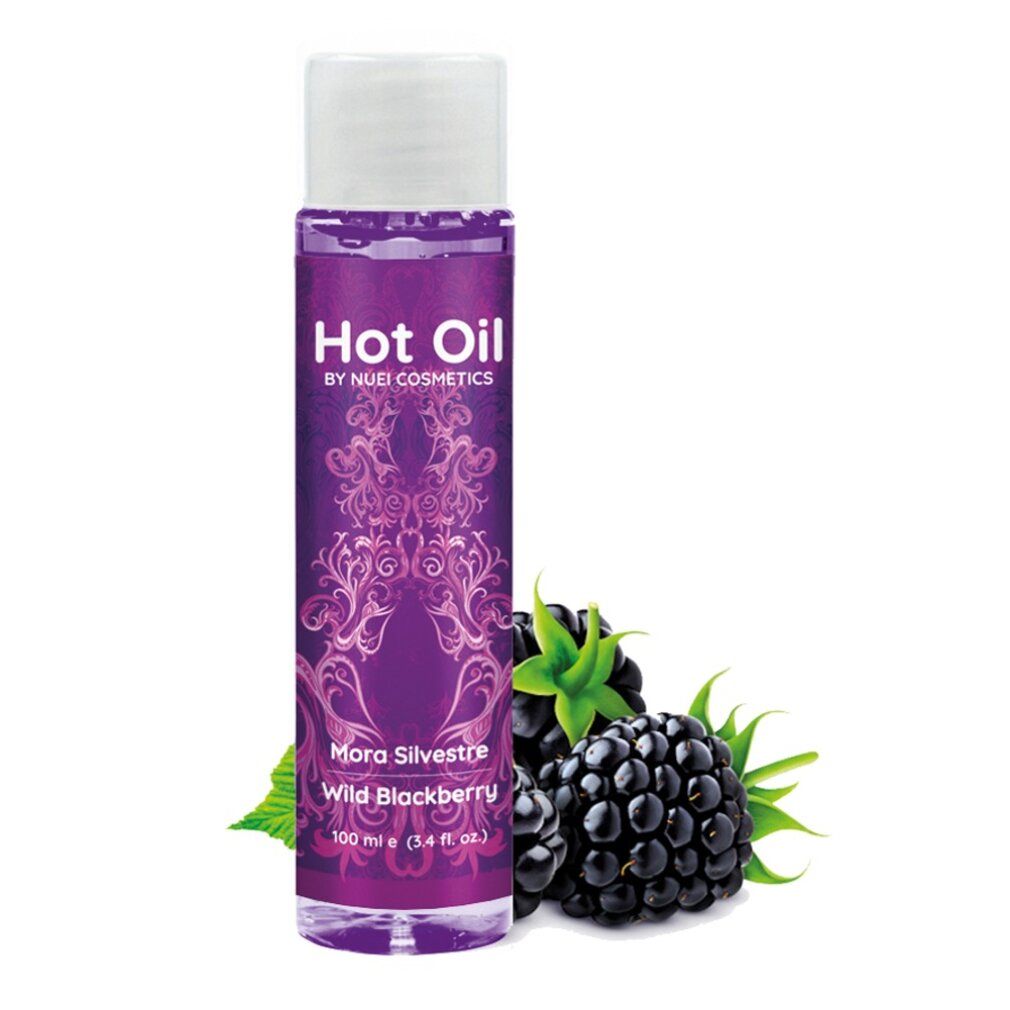 Flasche Massageöl mit Brombeeren. Aufschrift: Hot Oil, Mora Silvestre Wild Blackberry. Marke: NUEI cosmetics.