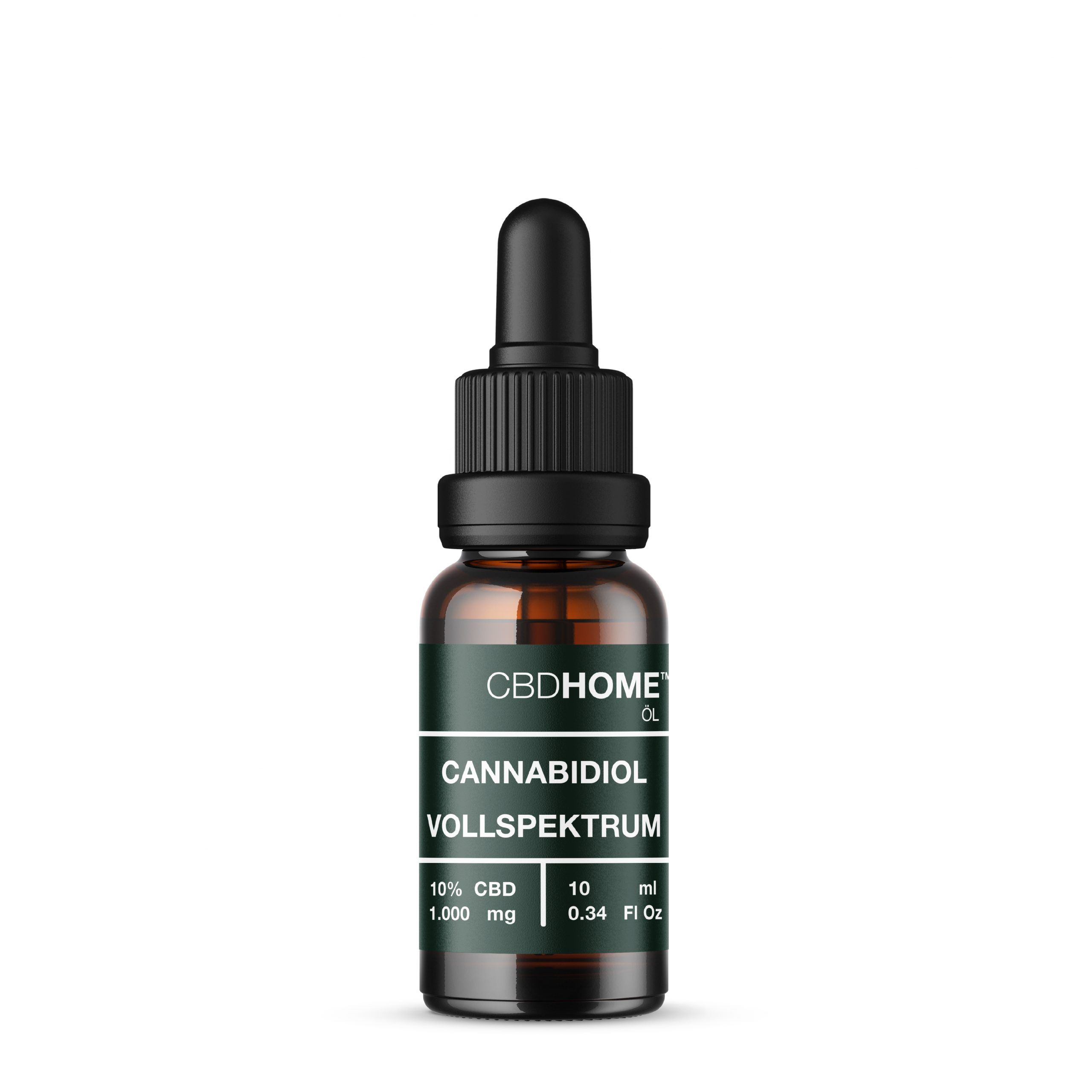 CBD HOME Vollspektrum CBD Öl 10% in einer 10ml Braunglasflasche mit Pipette.