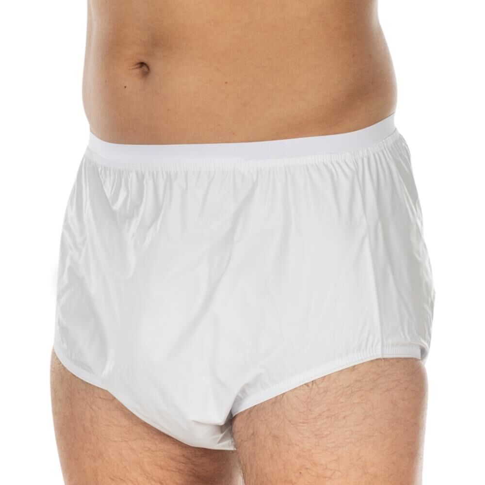 Slip en PVC blanc. Taille et jambes élastiquées. Vue de côté.