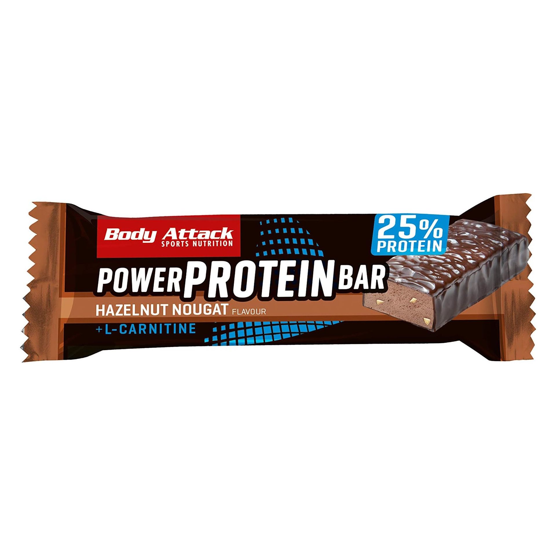 Body Attack Power Protein Bar, Hazelnut Nougat flavour. The bar is in a brown and black wrapper with the brand name and product information.