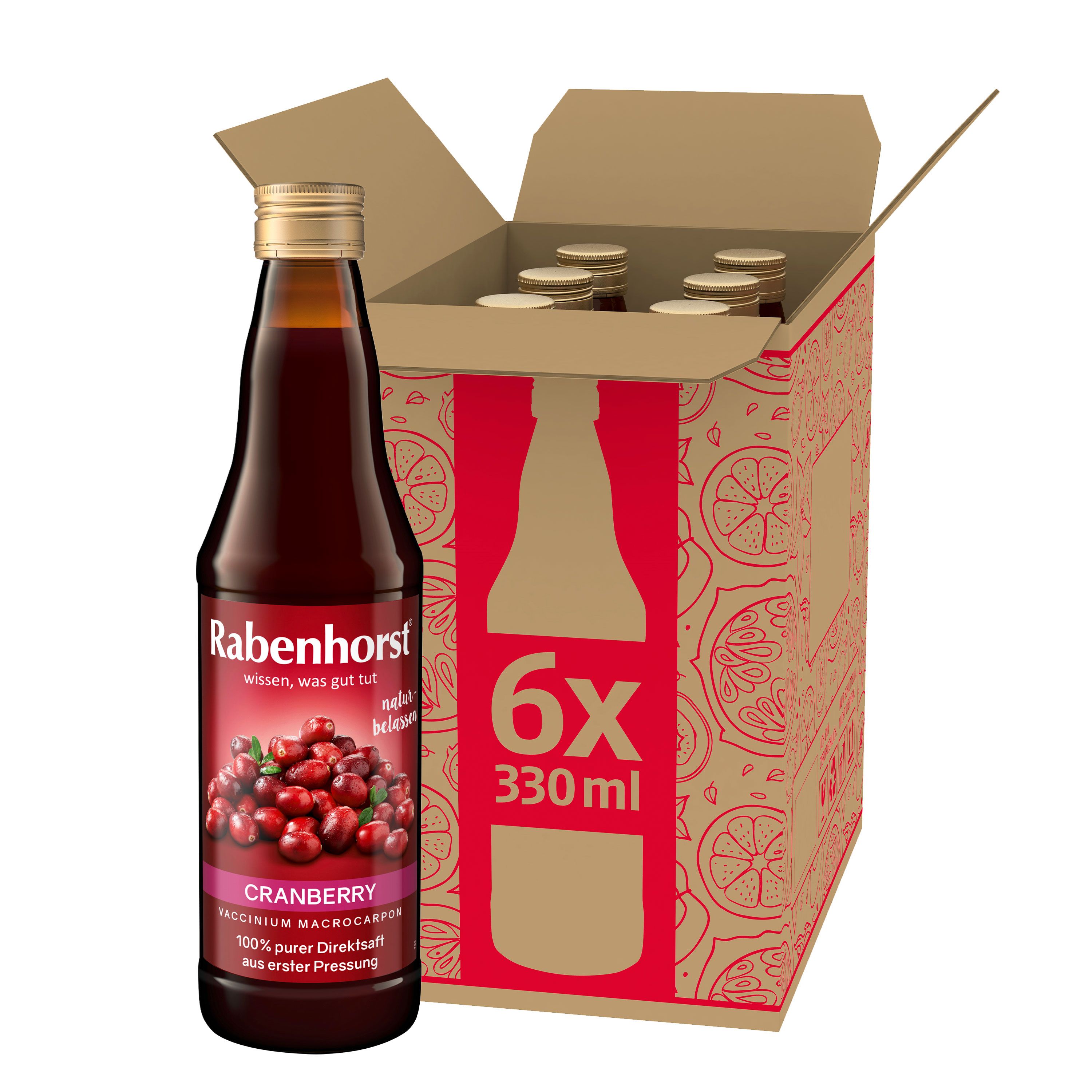 Flasche Cranberry-Muttersaft vor geöffnetem Karton mit weiteren Flaschen. Etikett mit Produktinformationen und Logo.