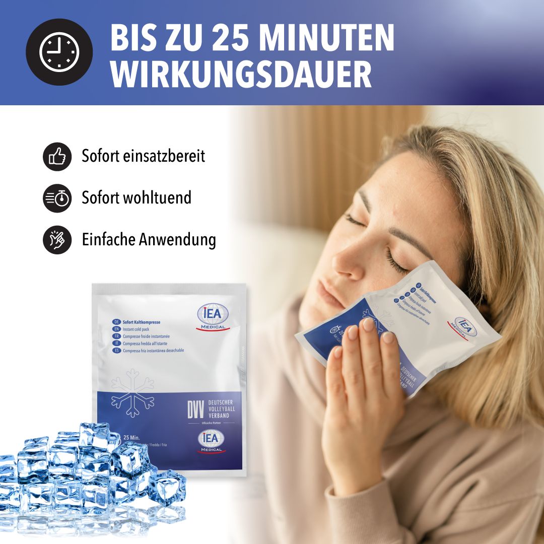 Frau mit Kühlpack am Gesicht. Text: Bis zu 25 Minuten Wirkungsdauer. Bilder: Sofort einsatzbereit, wohltuend, einfach.