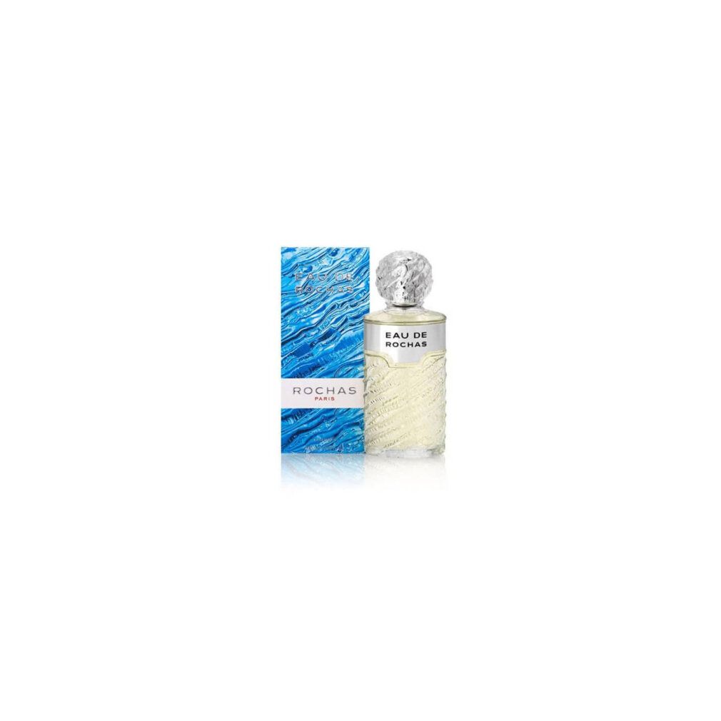Parfümflasche und Verpackung. Flasche mit silbernem Etikett "EAU DE ROCHAS". Verpackung blau mit Wellenmuster und "ROCHAS PARIS".