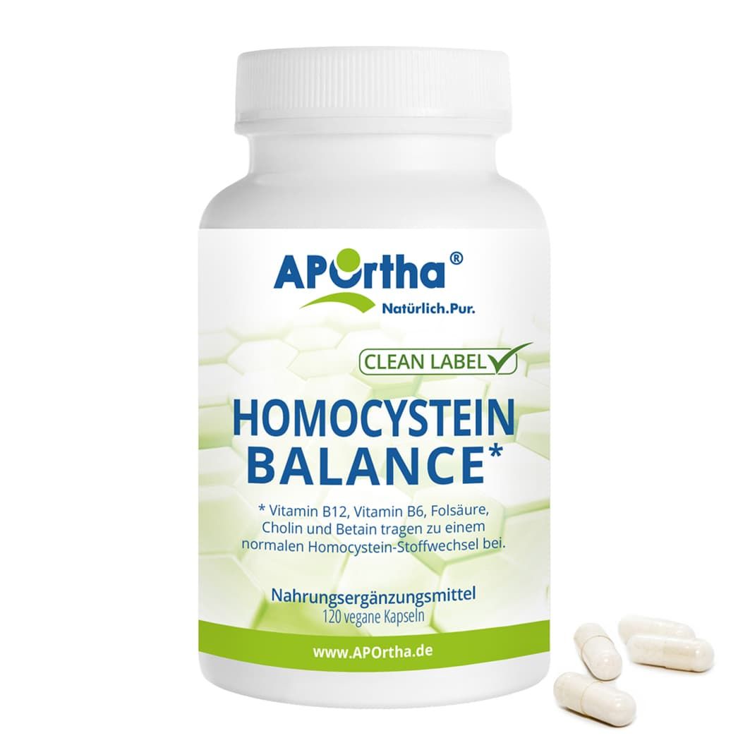 APOrtha Homocystein Balance Kapseln. Weiße Kapseln neben Flasche. 120 vegane Kapseln. Clean Label. Nahrungsergänzungsmittel.