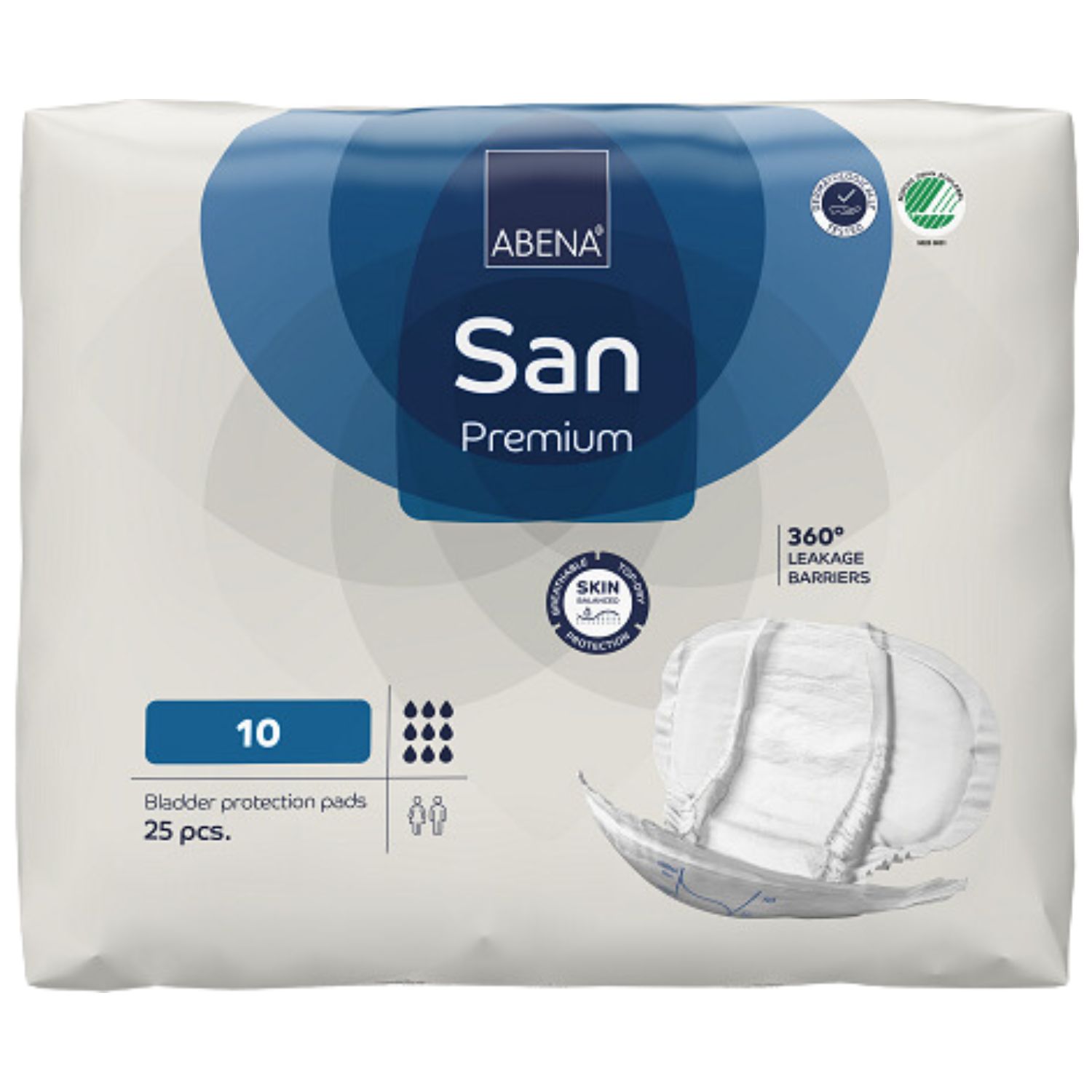 Verpackung ABENA San Premium Vorlagen. Blaue Grafik mit Produktnamen und Logo. 25 Stück, 10 Vorlagen.