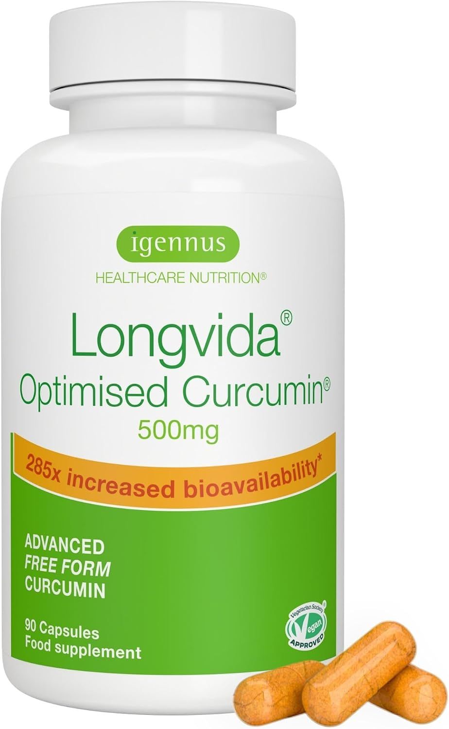 Igennus Longvida Curcumina 500mg, 285x Maggiore Biodisponibilità Curcuma Capsule Senza Piperina