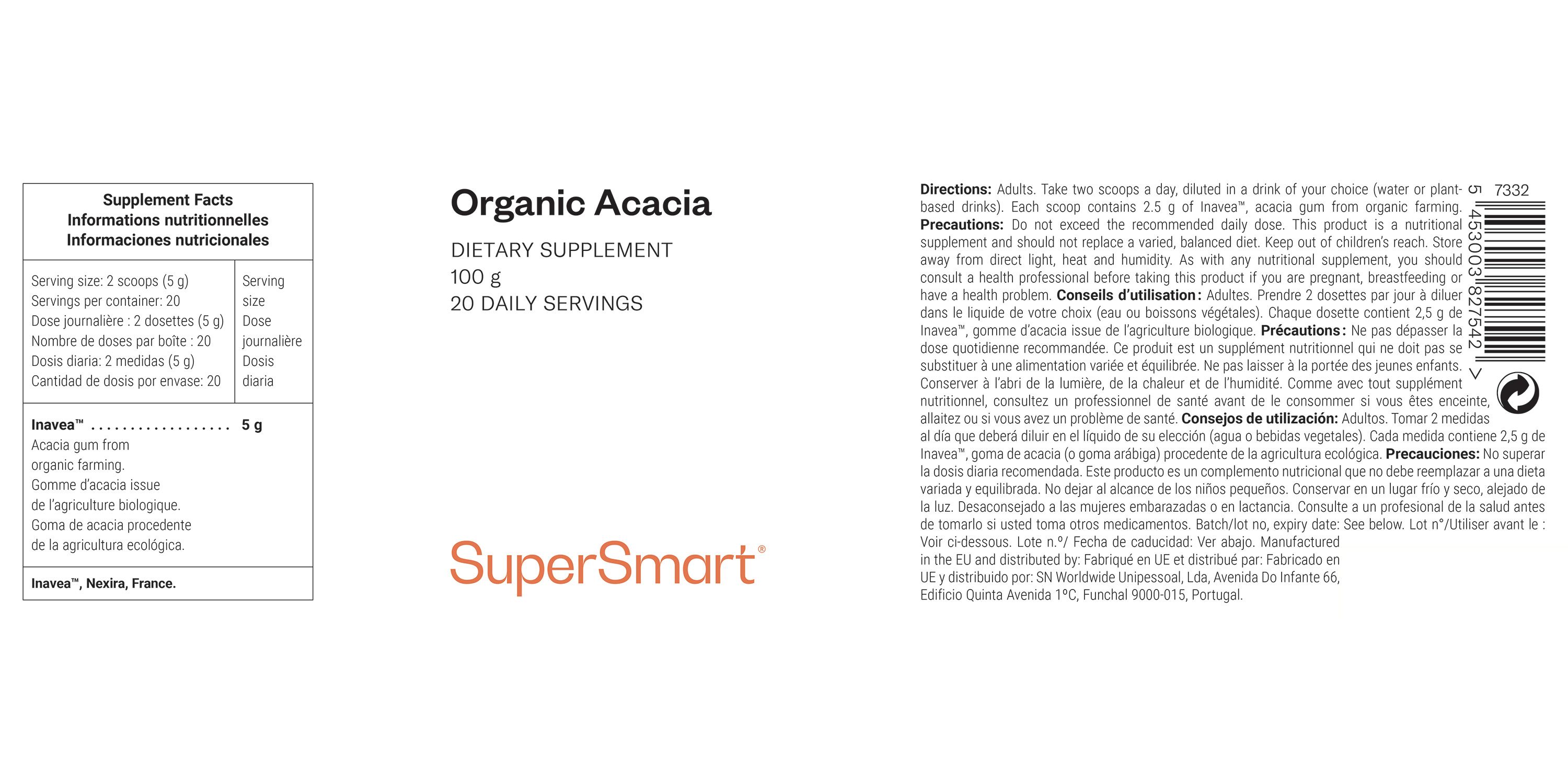 Etikett mit "Organic Acacia", "SuperSmart" und Nährwertangaben. Text in Englisch und Französisch.