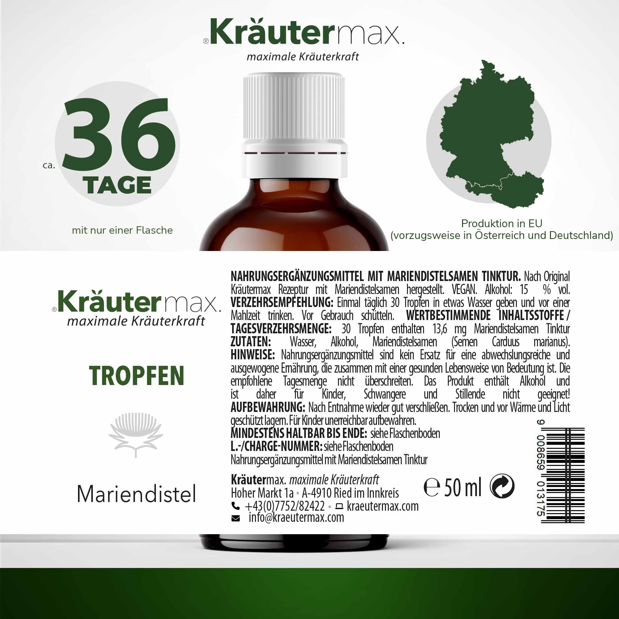 Braune Flasche mit weißem Etikett. Aufschrift: Kräutermax Tropfen Mariendistel. Text: Nahrungsergänzungsmittel. Mit 50 ml. Mit Text über Inhaltsstoffe und Anwendung.