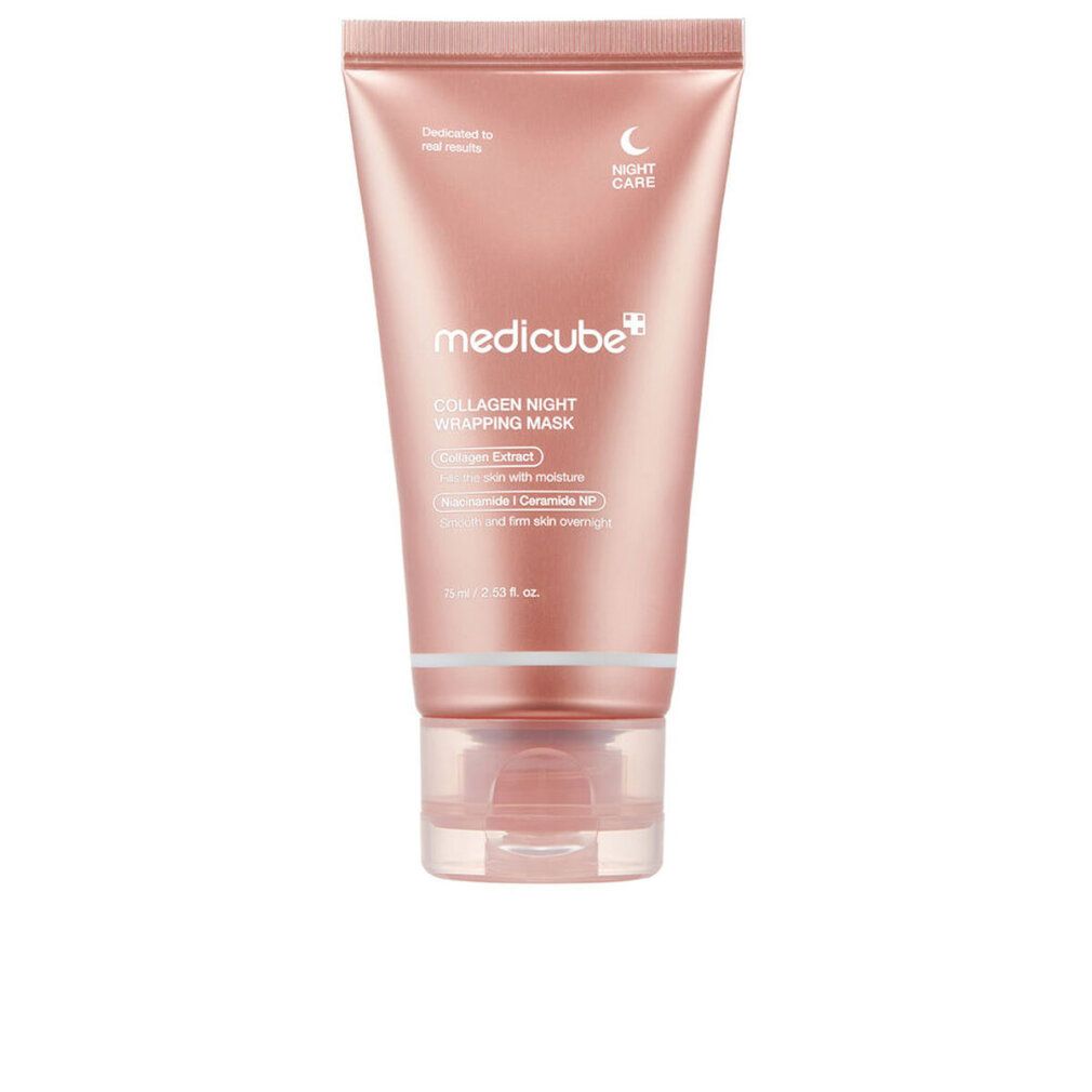 Tube des Produkts. Text: Medicube Collagen Night Wrapping Mask. Inhaltsstoffe: Collagen Extract, Niacinamide, Ceramide NP.