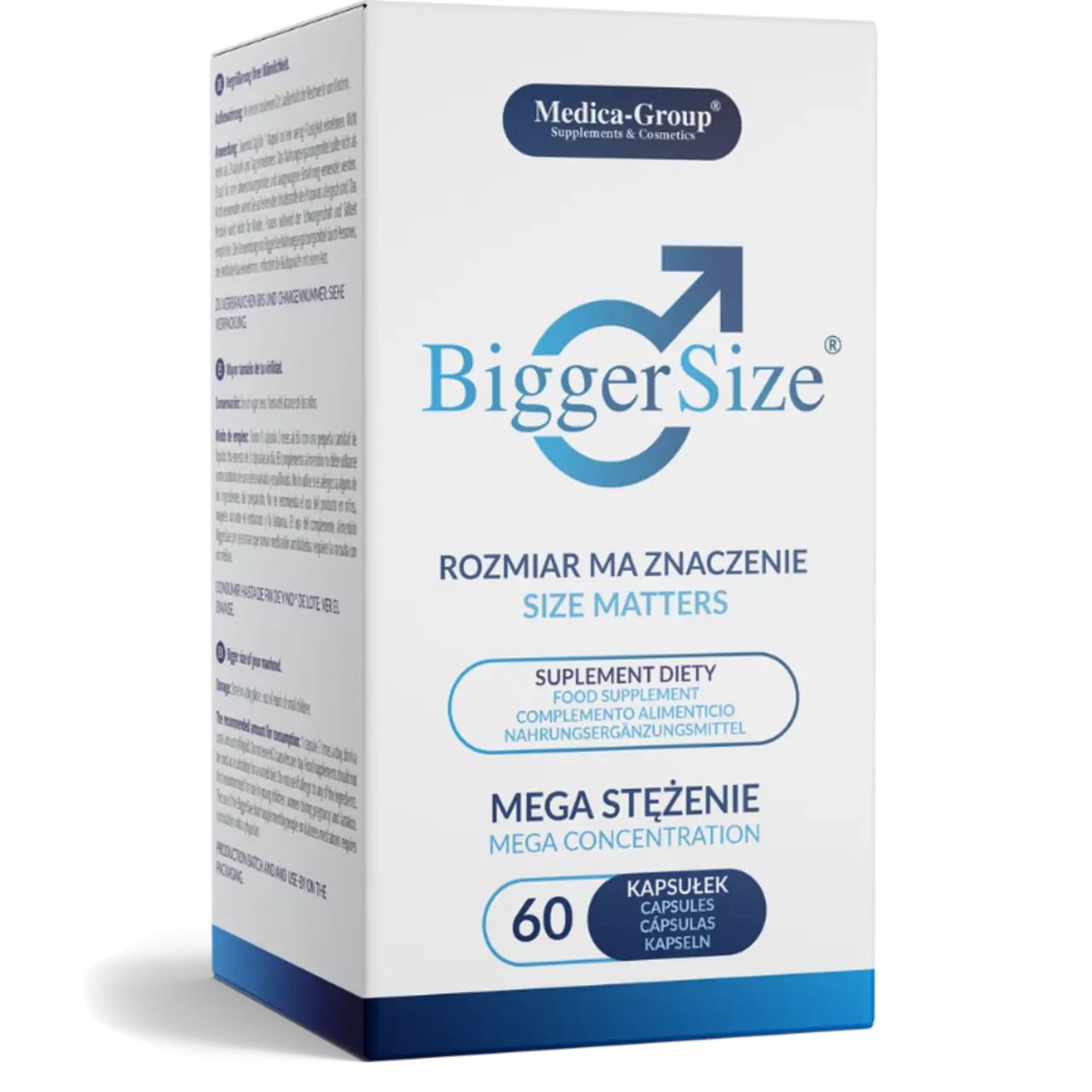Weiße Box mit blauem Logo und Text. Aufschrift: BiggerSize, Mega Konzentration, 60 Kapseln. Medica-Group.