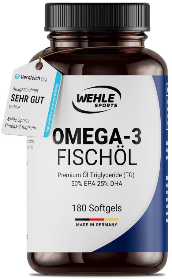 Wehle Sports Omega-3 Fischöl in Flasche. 180 Softgels. Premium Öl Triglycerid (TG). Sehr gut bewertet.