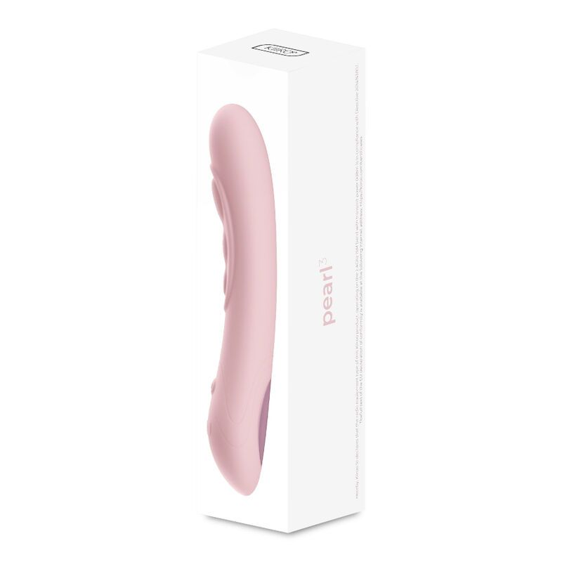 Verpackung mit rosa Vibrator. Produktname 'Pearl'. Weißer Karton. Vibrator durch Fenster sichtbar. Seitliche Ansicht.