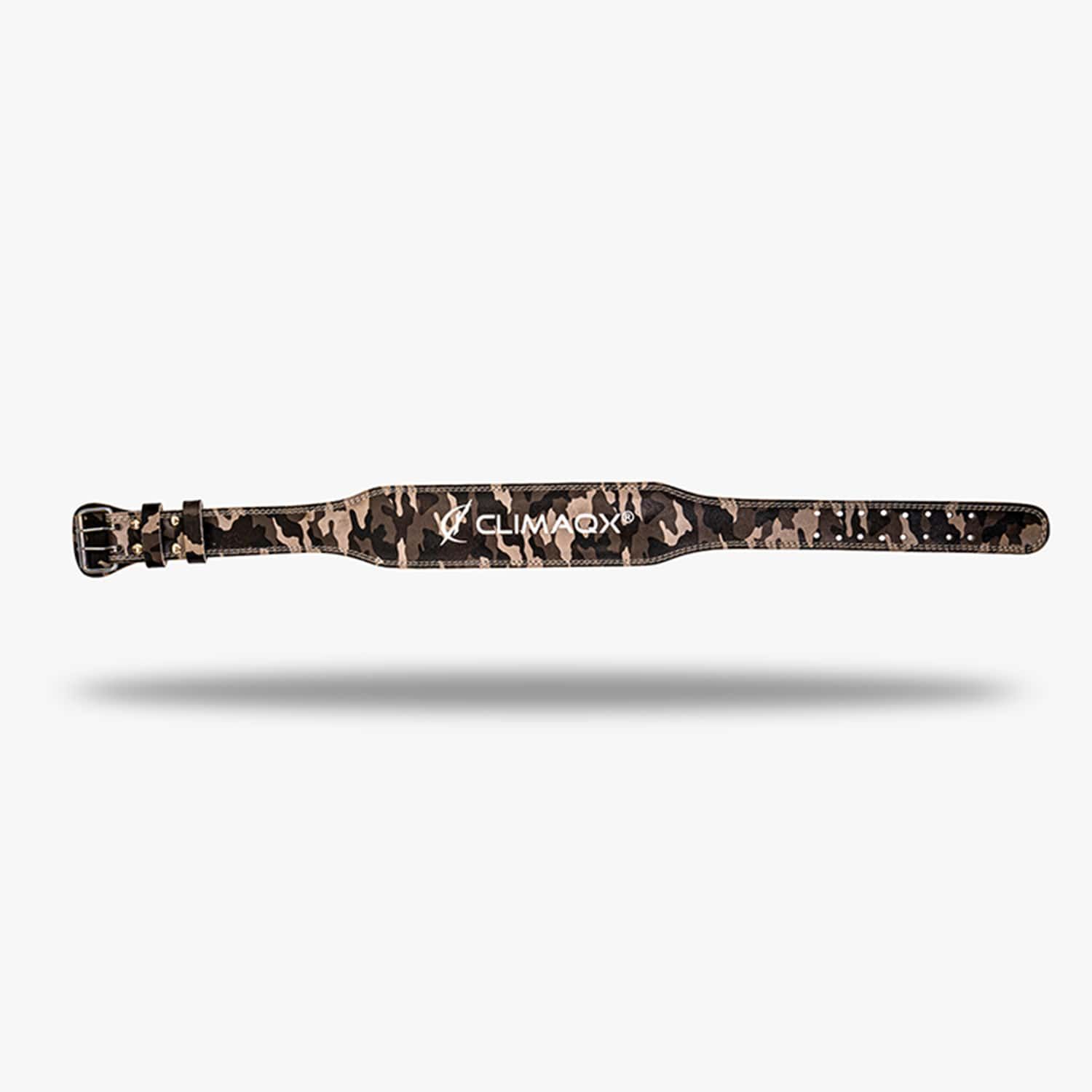 CLIMAQX Power Belt. Camouflage-Muster. Schwarzes Leder. Schnalle. Ansicht von oben.