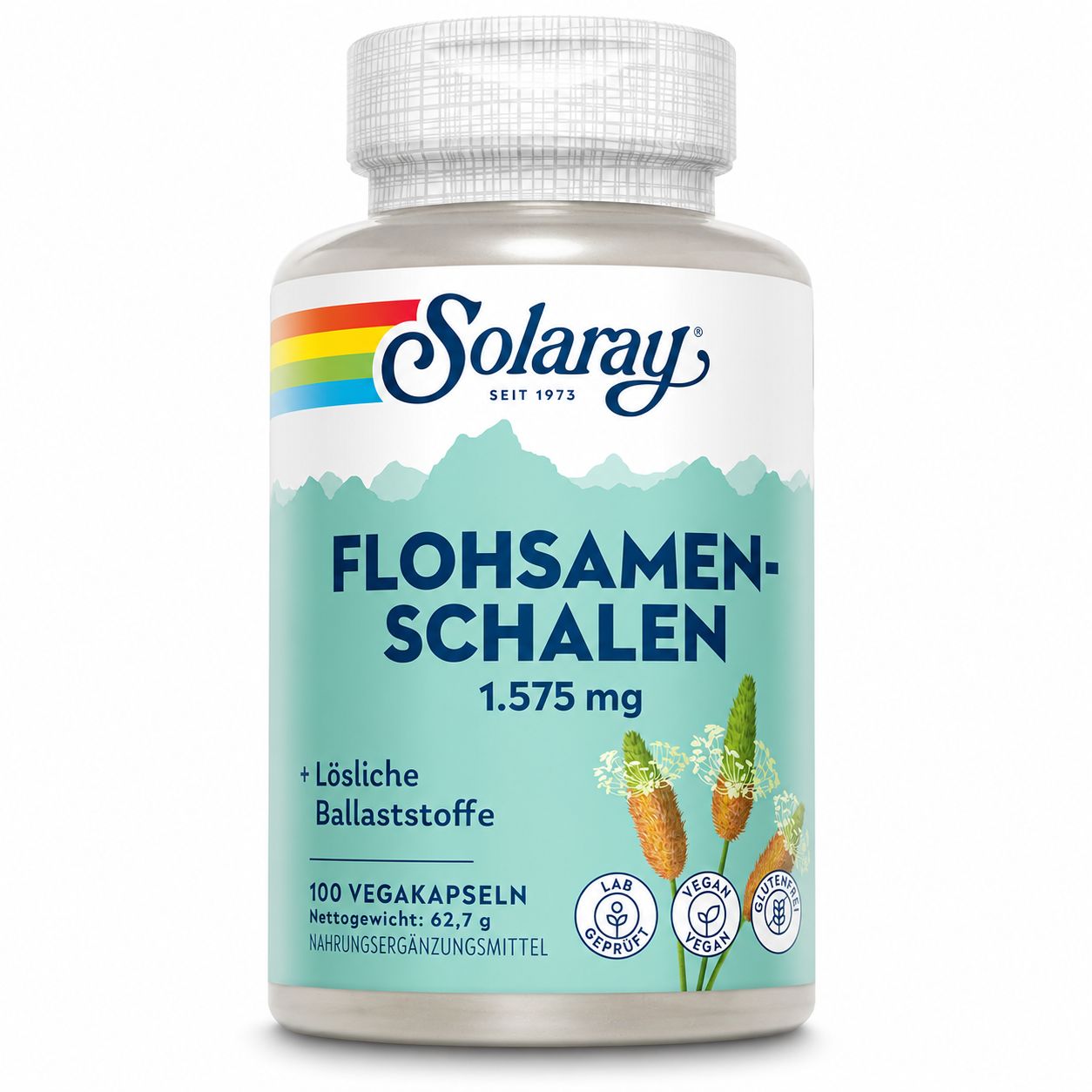 Flasche Solaray Flohsamenschalen Kapseln mit 100 Vegakapseln. Enthält lösliche Ballaststoffe. Zertifizierungen sichtbar.