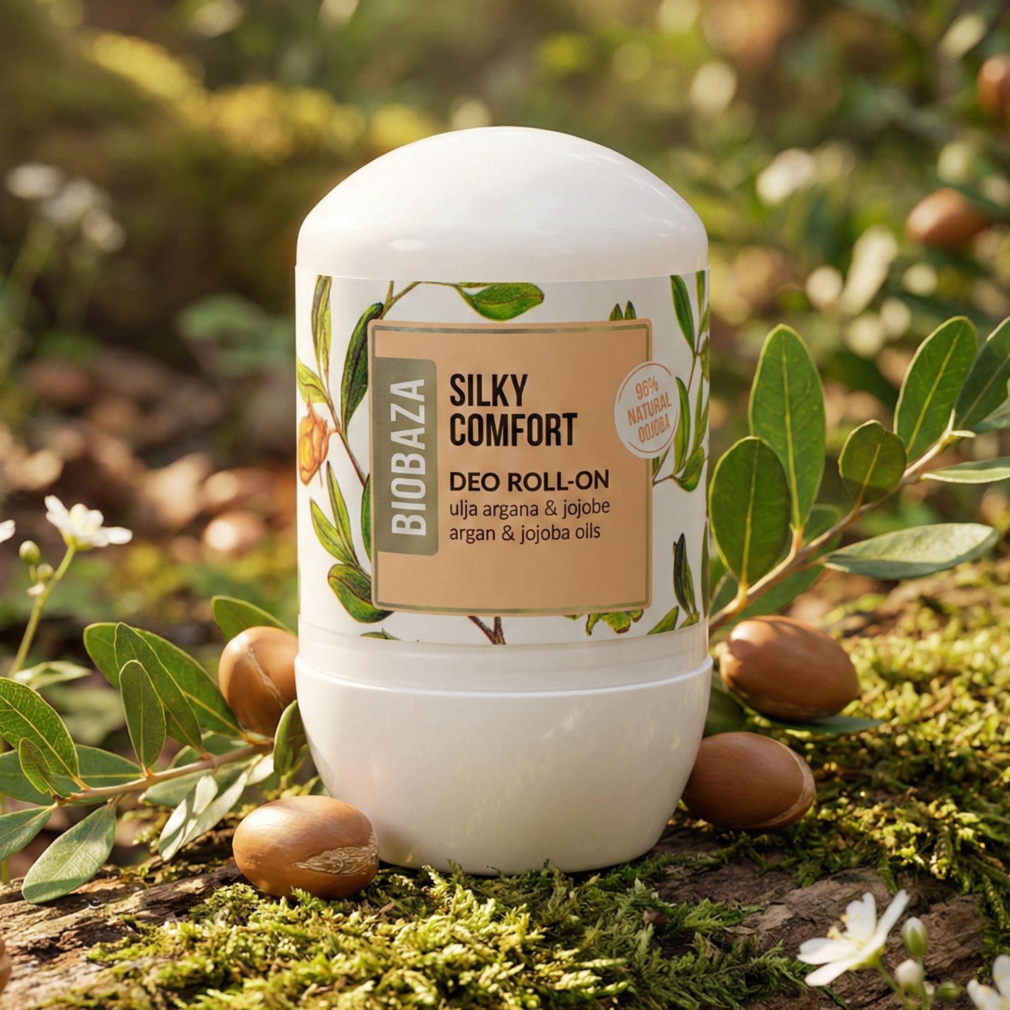 Weißer Deo Roll-on mit Etikett. Aufschrift: Silky Comfort, Deo Roll-on, Argan- und Jojobaöle. Hintergrund: Moos, Arganfrüchte und Blätter.