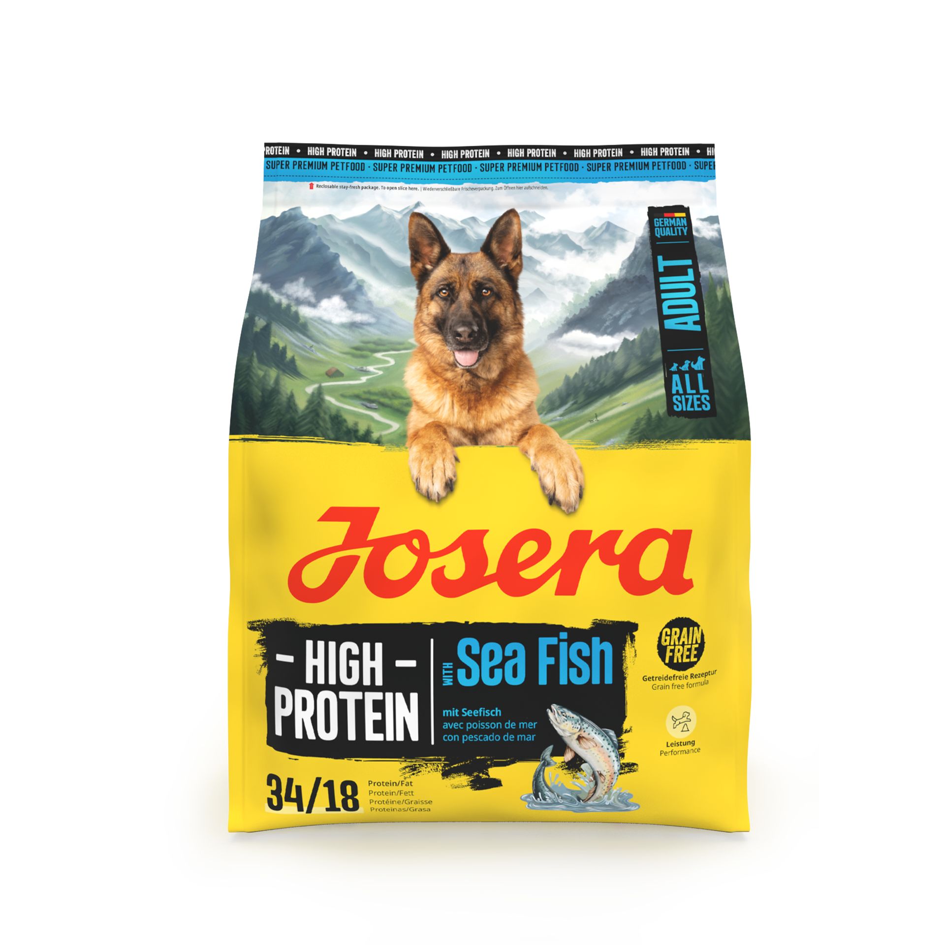 Josera High Protein Seefisch Hundefutter: Gelber Beutel mit Schäferhund, Berglandschaft und Fisch-Illustration. Getreidefrei.