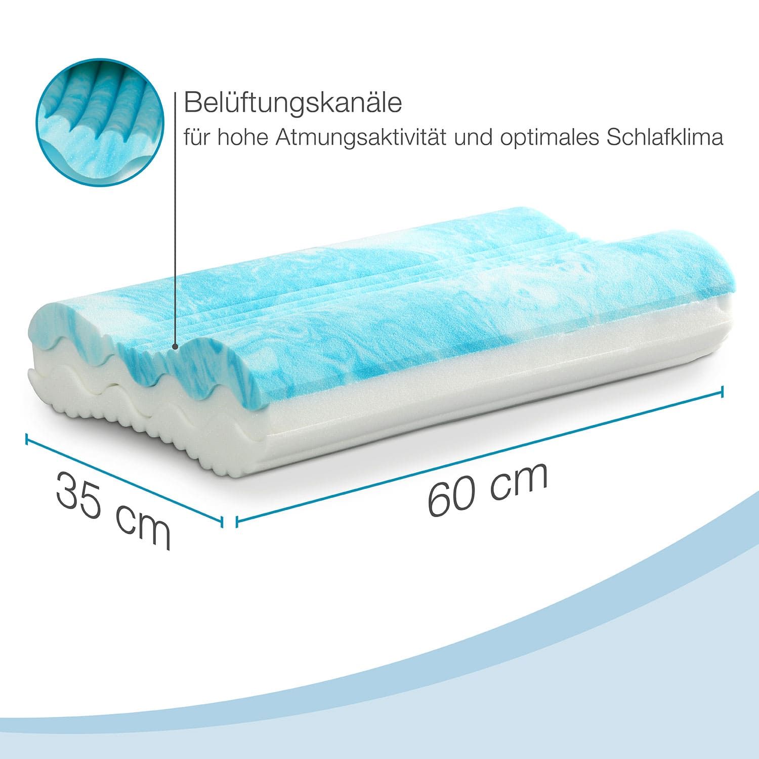 ELONEO Nackenstützkissen Gelschaum, 60x35cm, mit Aloe Vera veredelt, waschbarer Bezug
