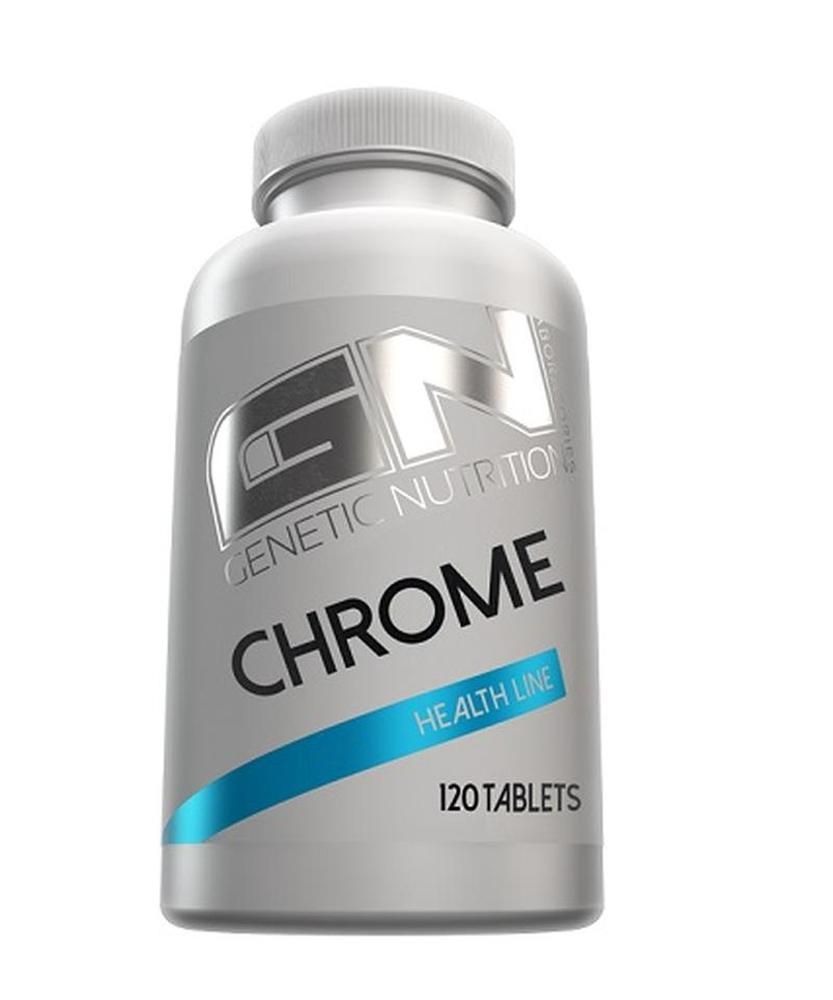 Silberne Tablettenflasche mit weißem Deckel. Aufschrift: Chrome Health Line, 120 Tabletten. Logo: GN Genetic Nutrition.