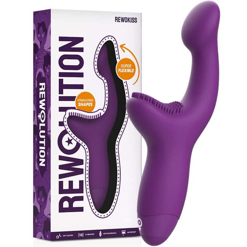 Produktverpackung mit lila Vibrator. Aufschrift "Rewokiss" und "Rewolution". Abbildung des Produkts.