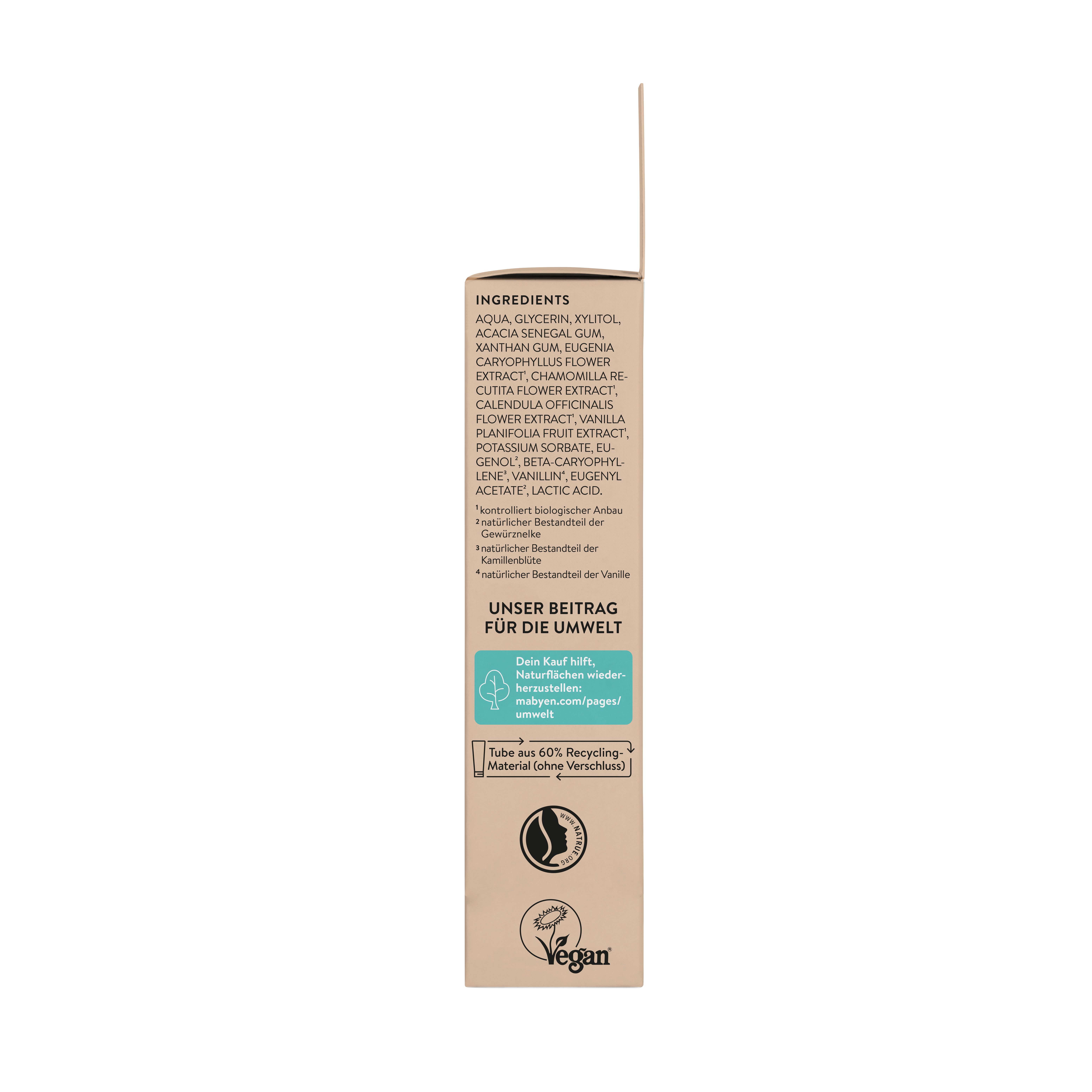 Seitenansicht der Zahnungsgel-Verpackung. Text mit Inhaltsstoffen, Vegan-Logo, FSC-Zertifizierung und 10ml-Angabe.
