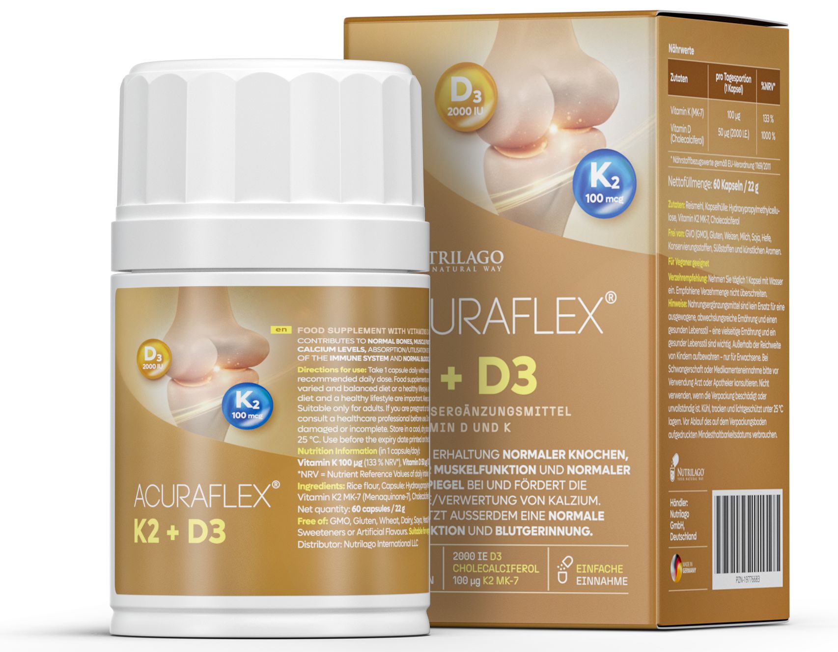 ACURAFLEX K2 + D3 Flasche und Verpackung. Aufschrift: K2 100 mcg, D3 2000 I.E. Produktname, Inhaltsangaben, Nährwerttabelle.