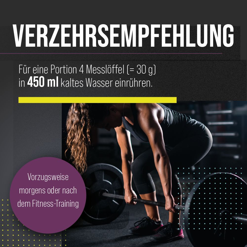 Text "VERZEHREMPFEHLUNG". Anweisung: 4 Messlöffel (= 30 g) in 450 ml kaltem Wasser einrühren. Bild einer Frau beim Gewichtheben.