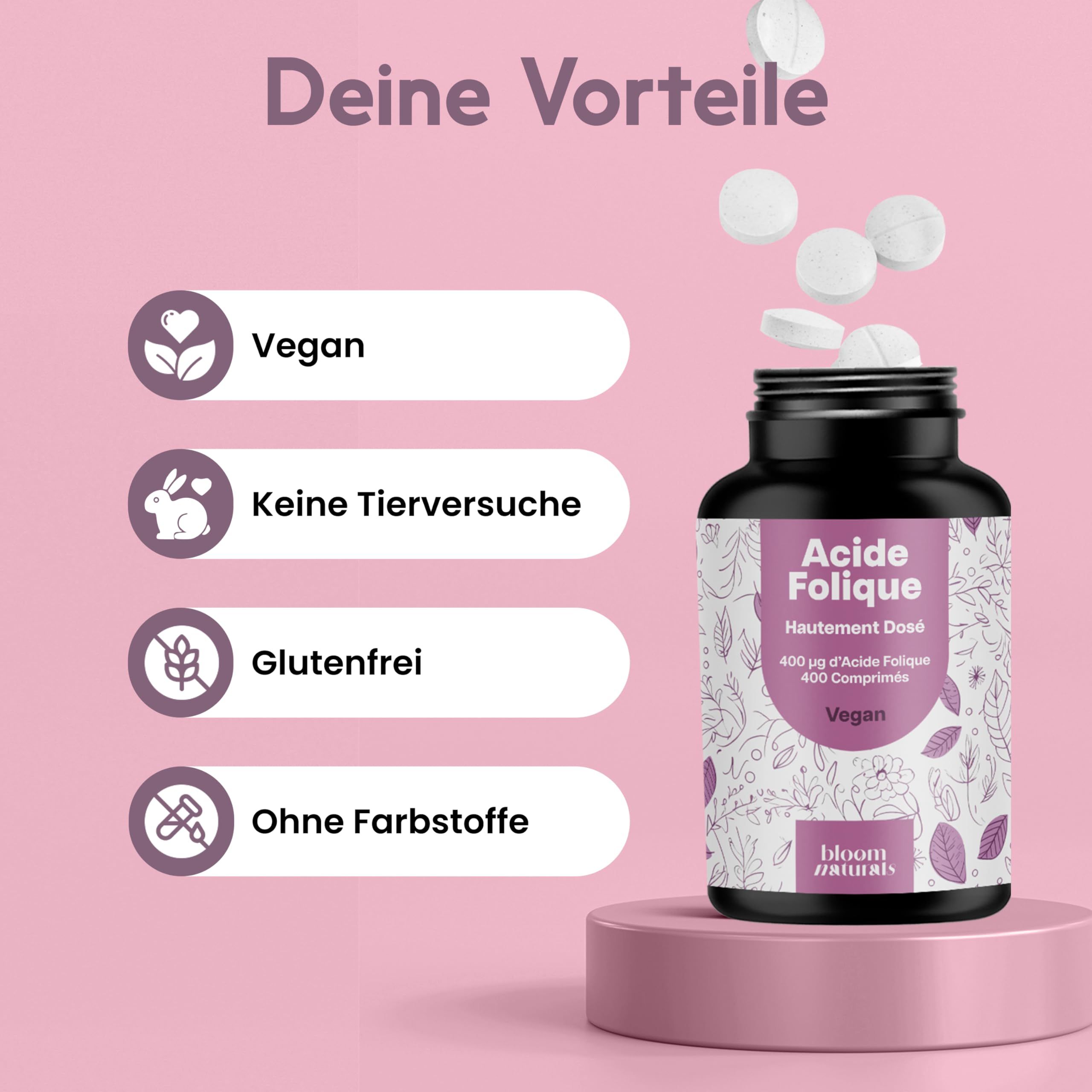 Tablettenflasche mit Aufschrift: Acide Folique, 400 µg, 400 Comp. Vegan. Symbole: Vegan, keine Tierversuche, glutenfrei, ohne Farbstoffe.