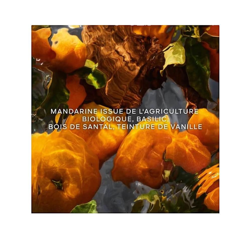 Nahaufnahme von Mandarinen im Wasser. Text: Mandarine issue de l'agriculture biologique, Basilic, Bois de Santal, Teinture de Vanille.