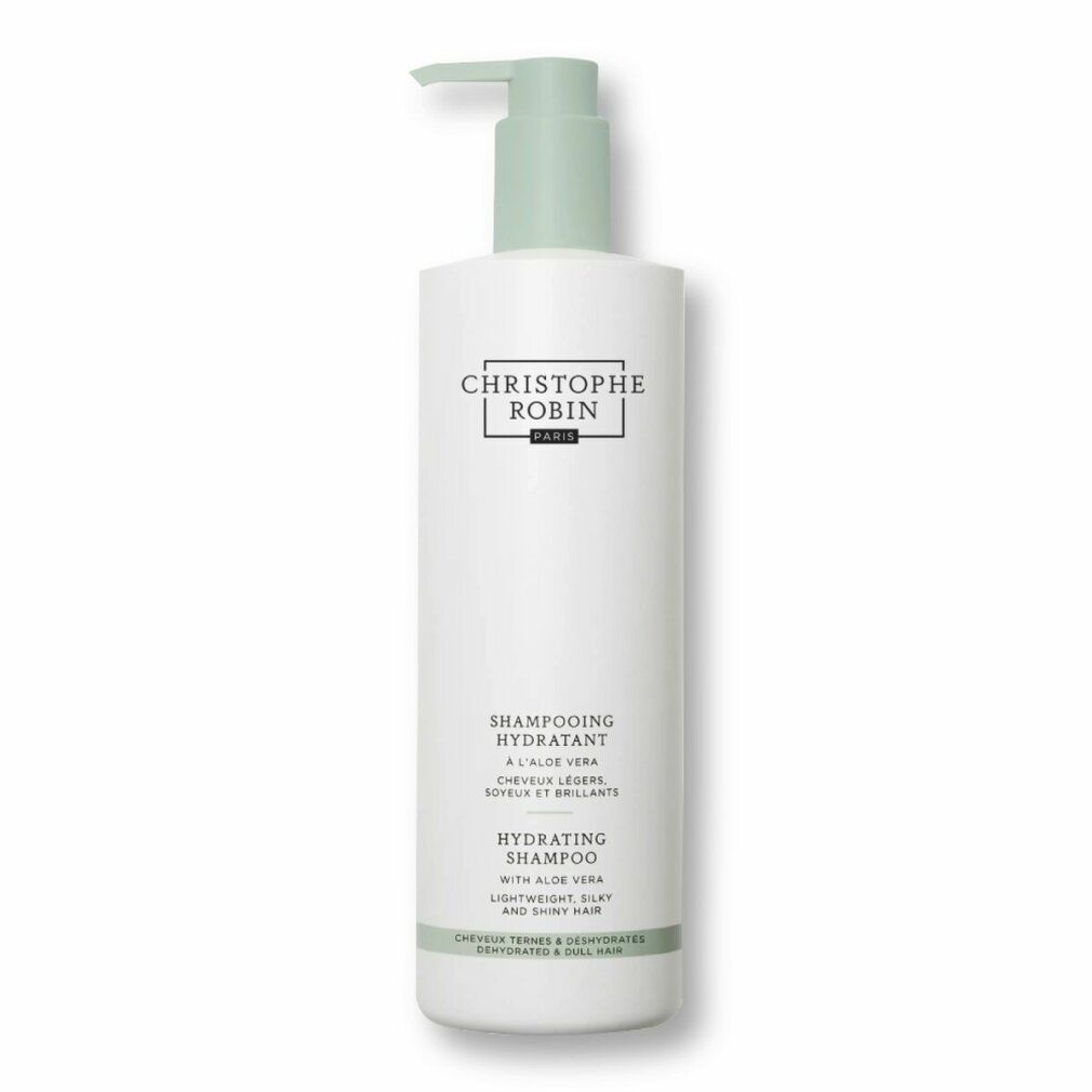 Weiße Shampoo-Flasche mit grünem Pumpkopf. Text: Christophe Robin, Hydrating Shampoo, mit Aloe Vera. Für leichtes, seidiges und glänzendes Haar.