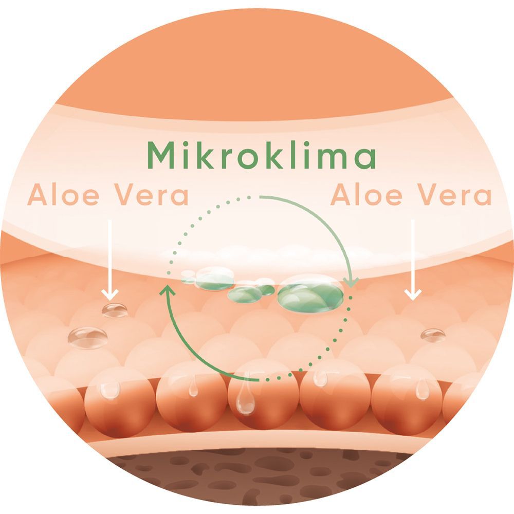 Grafik. Text: Mikroklima, Aloe Vera. Pfeile zeigen auf Haut. Darstellung der Haut.