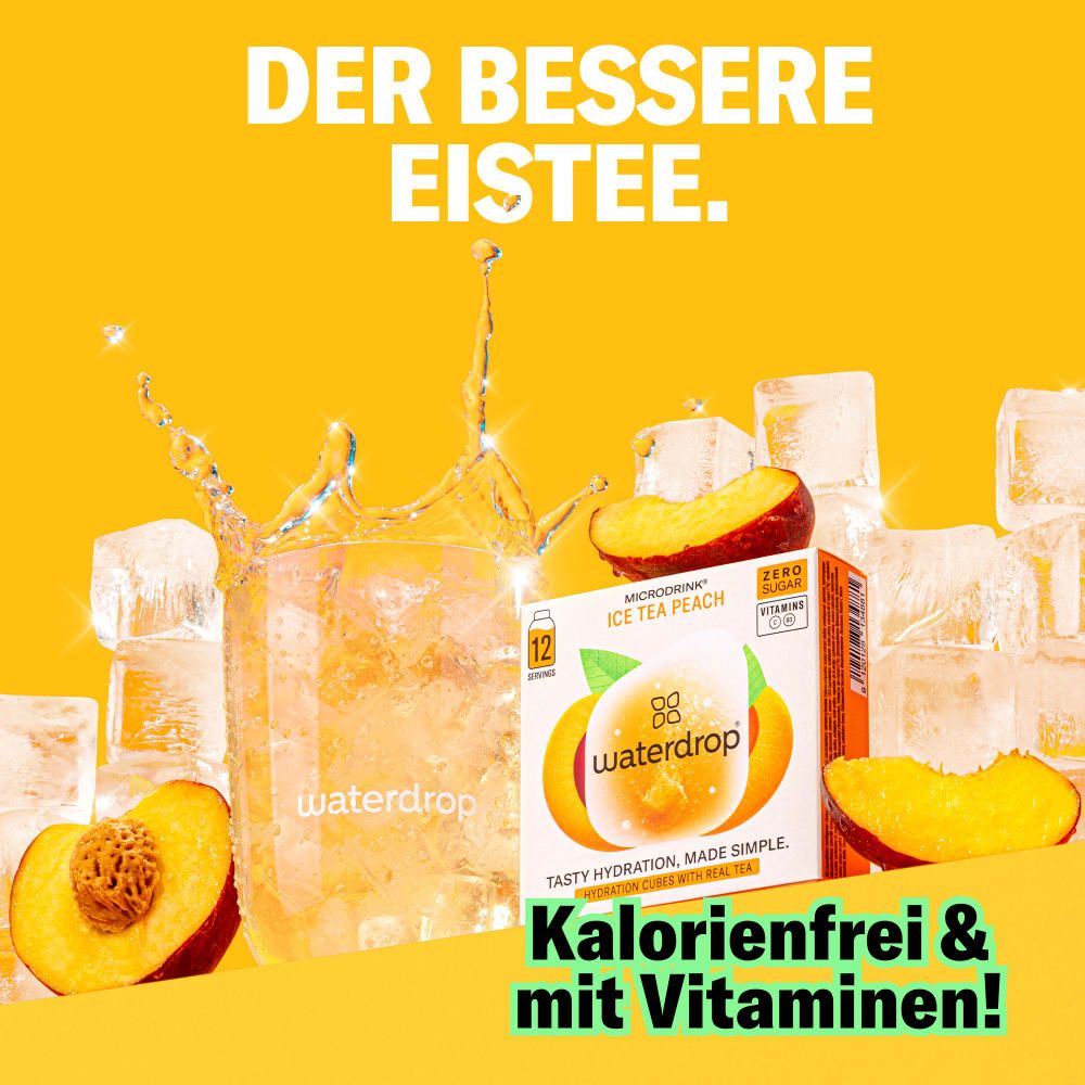 waterdrop® Ice Tea Peach-Box mit Pfirsichhälften und Eiswürfeln. Aufschrift: "Kalorienfrei & mit Vitaminen!".