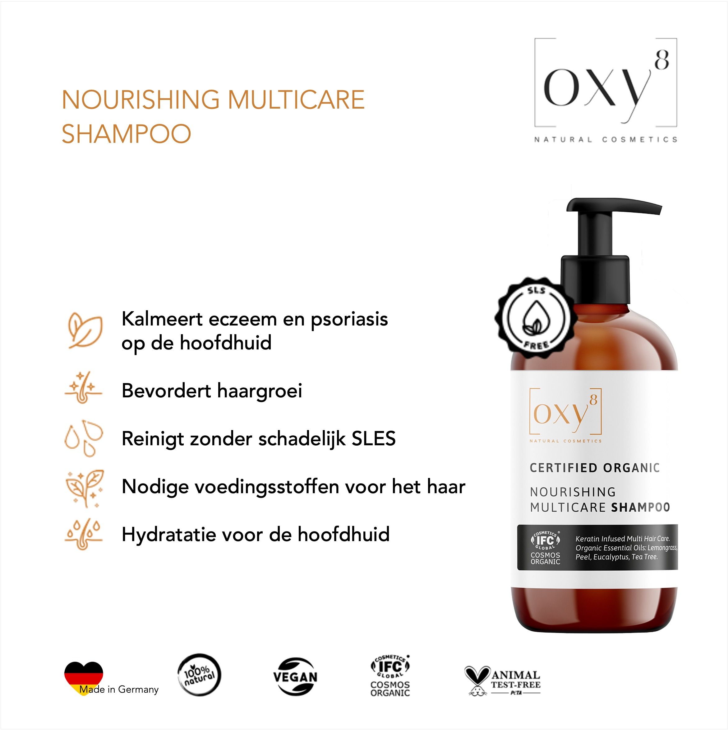Vrouw en man op de achtergrond. Shampoo fles met zwarte pomp. Tekst: oxy8, Certified Organic, Nourishing Multicare Shampoo.