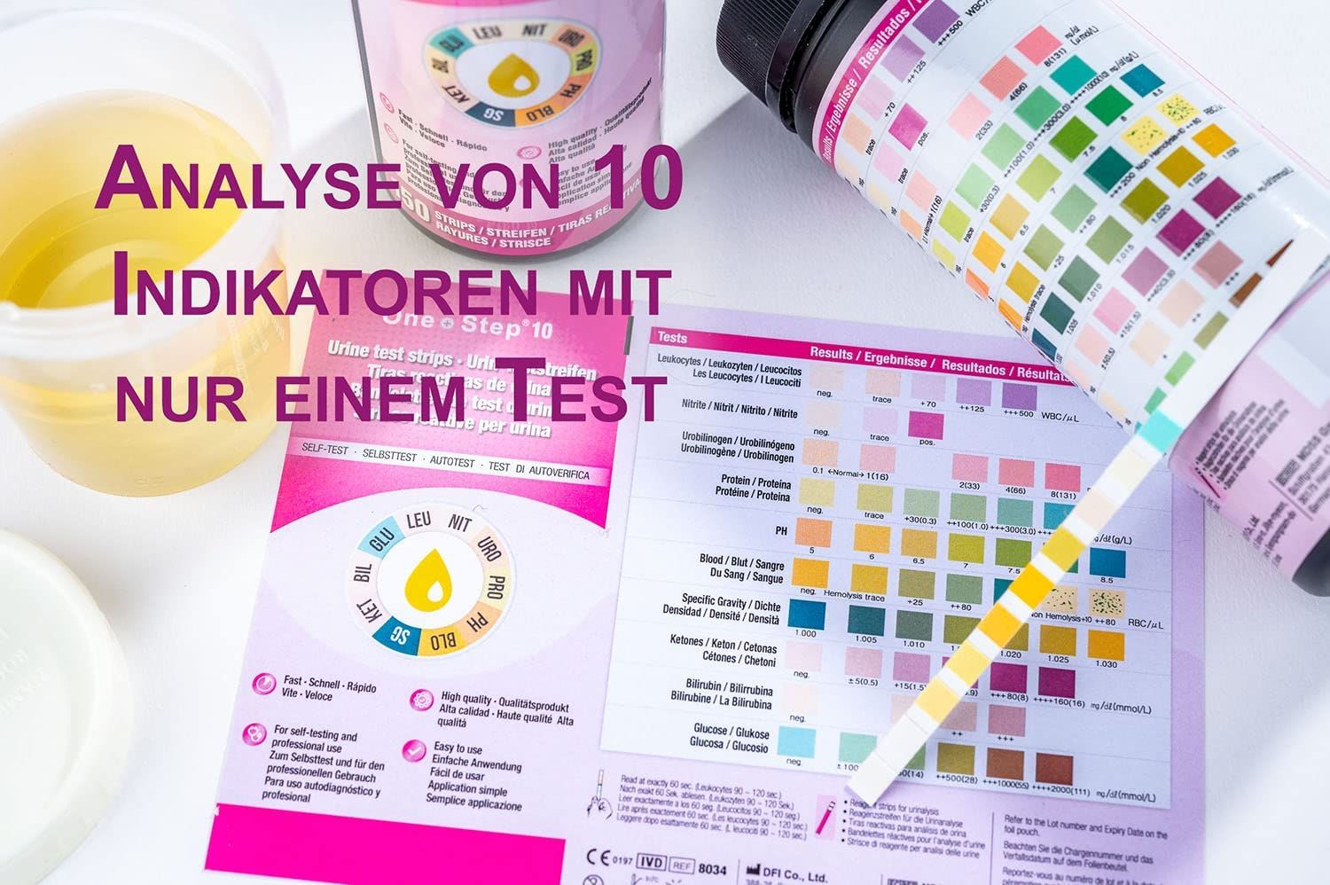 150 One+Step Urinteststreifen für 10 Indikatoren - Gesundheitstest inkl. Referenzfarbkarte St