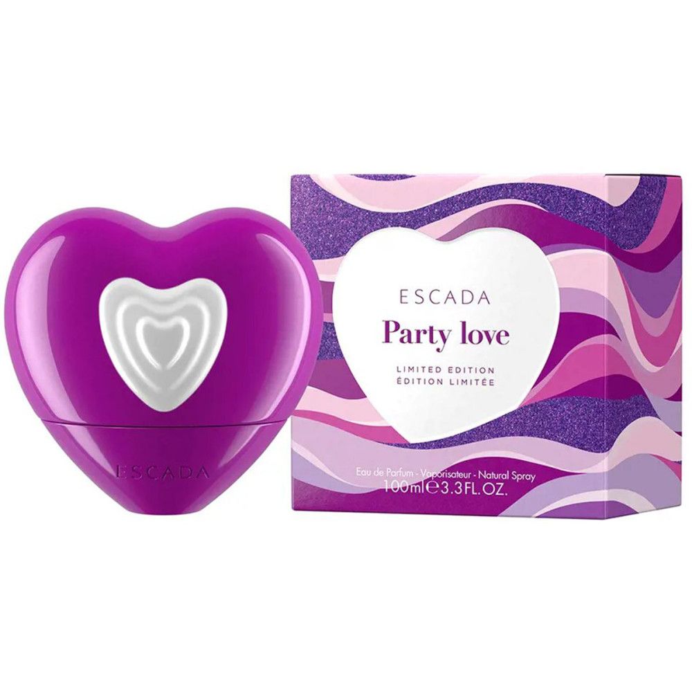 Lila herzförmiger Flakon und Verpackung. Verpackung mit Escada Party Love, Limited Edition. Flakon mit weißem Herz.