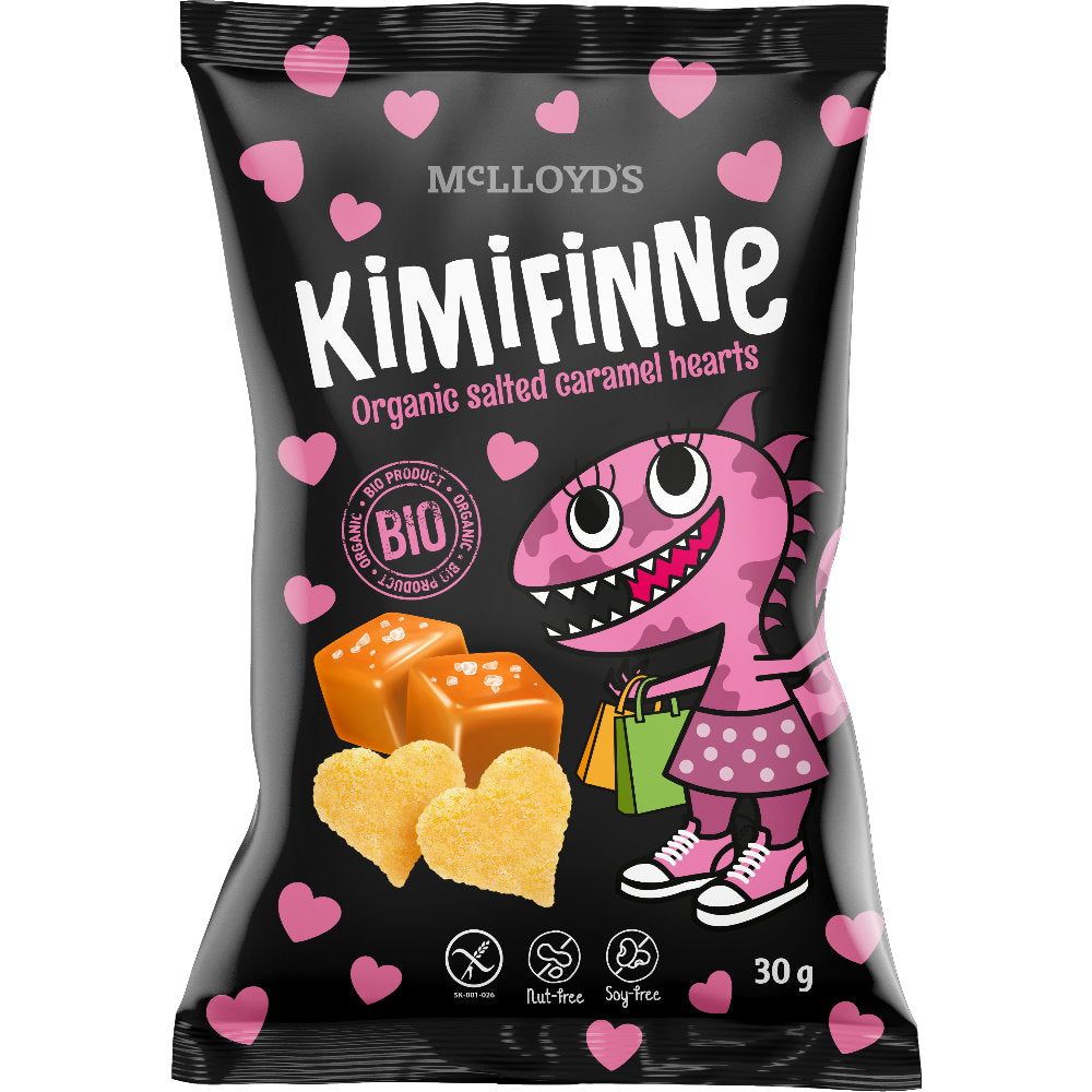 Schwarze Tüte mit Herzen, Aufschrift Kimifinne, Bio-Siegel, Abbildung von Karamellherzen und Dinosaurier. Glutenfrei, sojafrei.