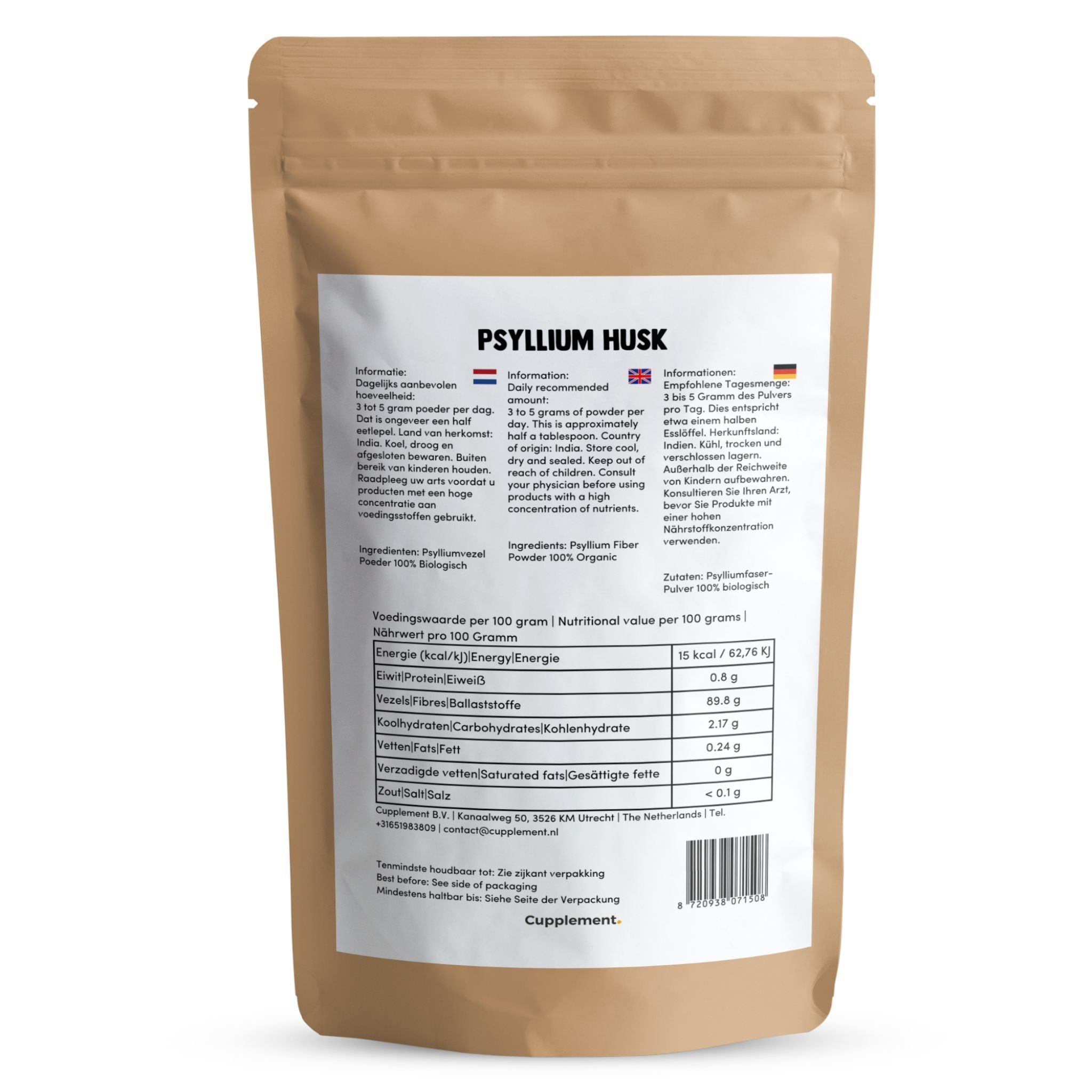 Beutel mit Psyllium Husk. Text: Psyllium Husk, Nährwertangaben, Zutaten, 100% Bio.