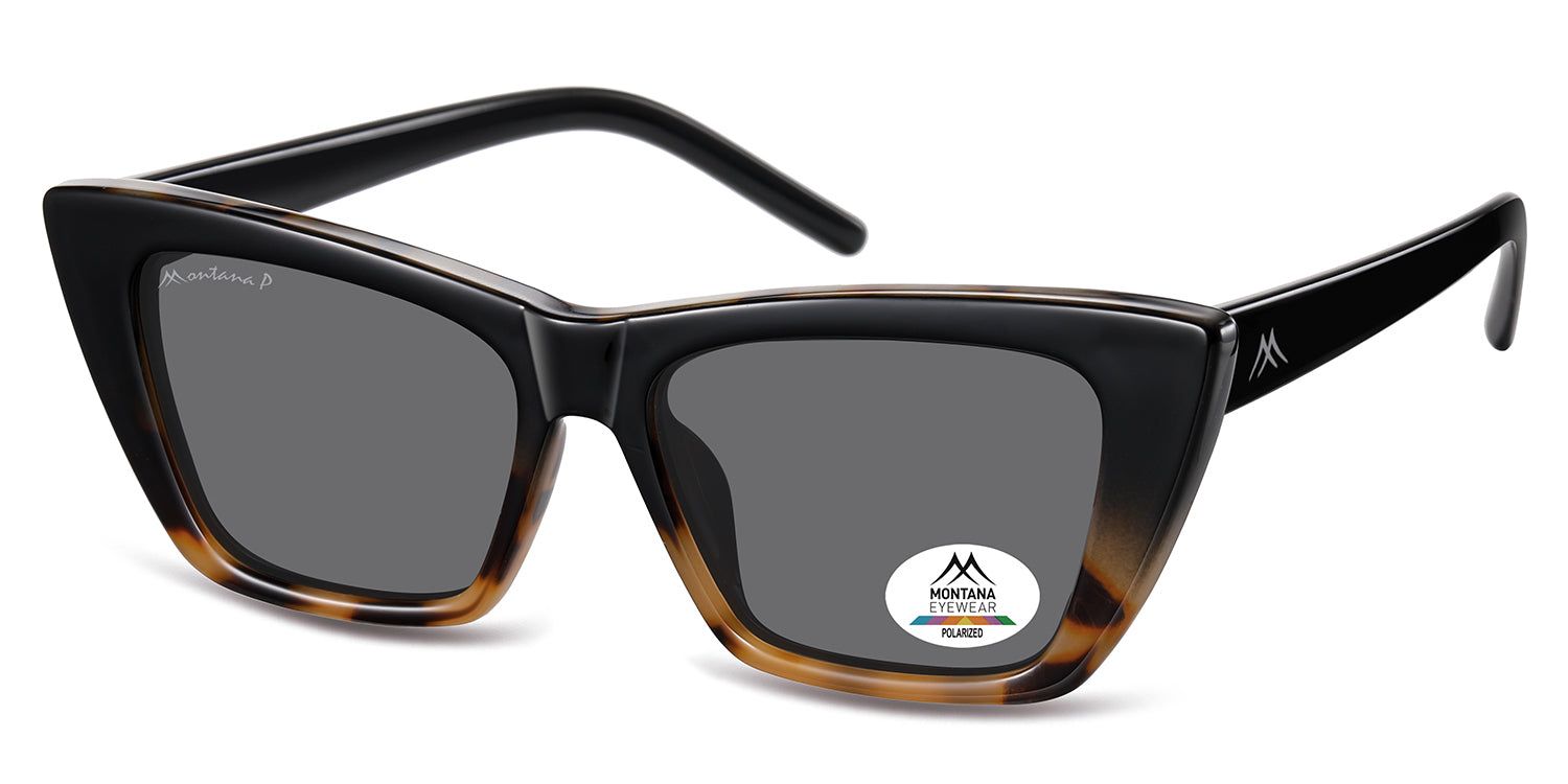 Sonnenbrille mit schwarzem Rahmen und braunen Akzenten. Graue Gläser. Montana Eyewear Logo und Polarized-Aufkleber.