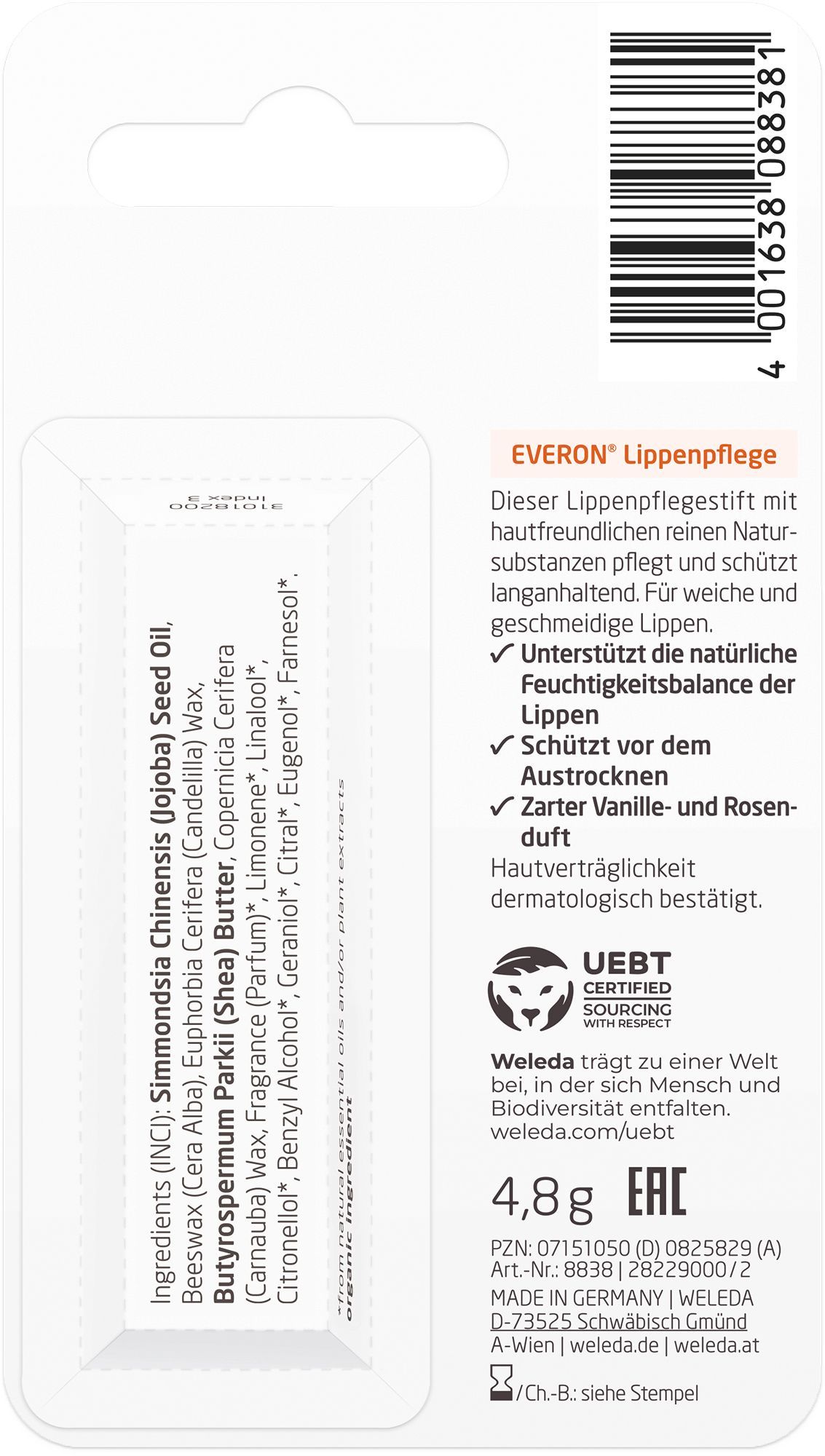 Weleda Everon Lippenpflege - pflegt und schützt trockene Lippen, mit natürlichem UV-Schutz LSF 4 