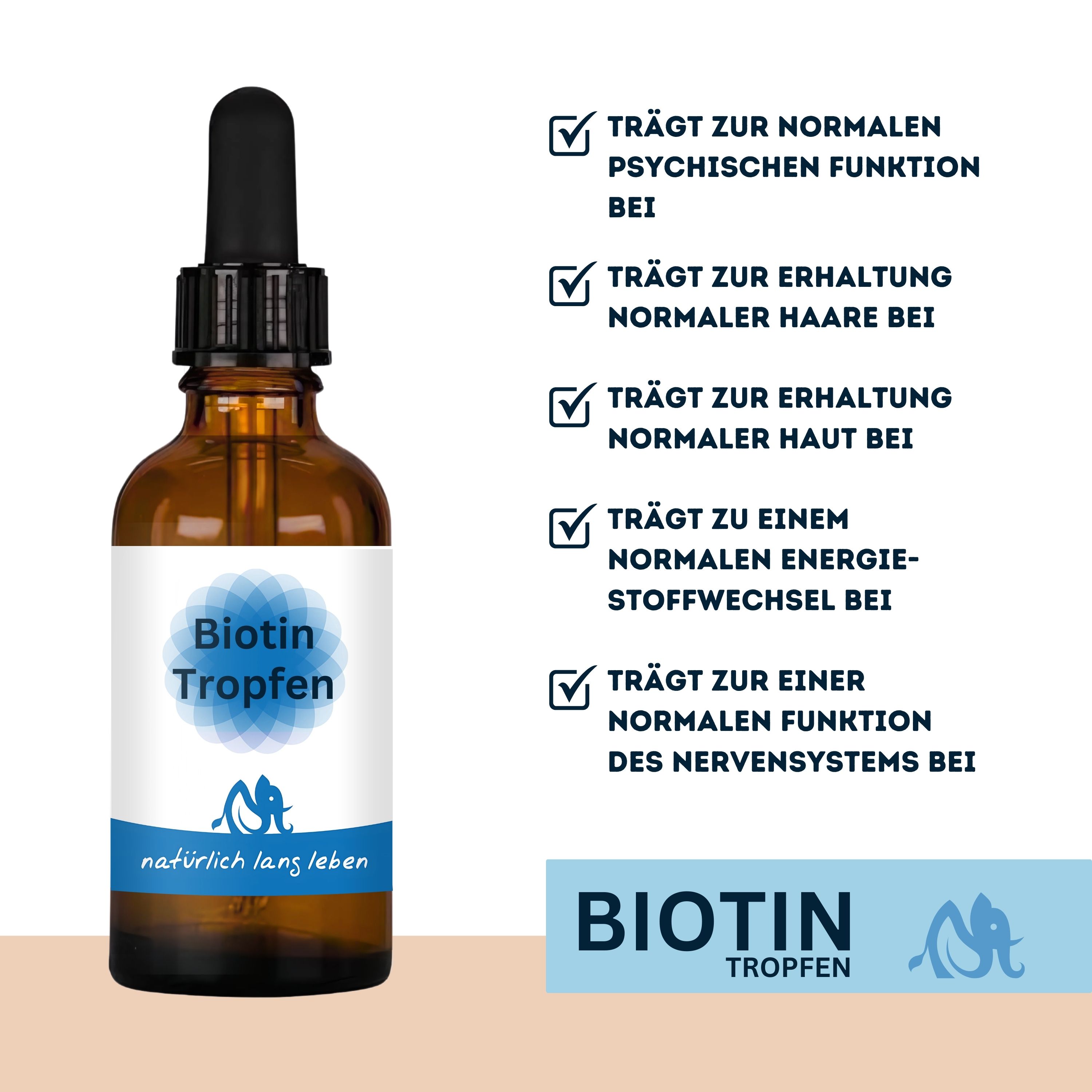 Braune Glasflasche mit Pipette. Etikett mit "Biotin Tropfen" und Logo. Text mit positiven Eigenschaften. Check-Symbole.