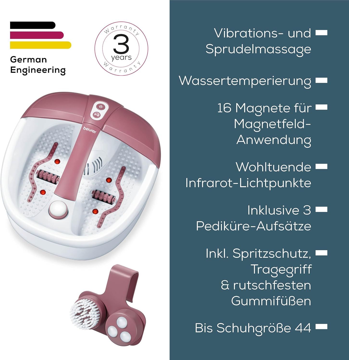 Fußsprudelbad mit Zubehör. Weiß-rosa. Text: Vibrations- und Sprudelmassage, 3 Pediküre-Aufsätze. German Engineering.