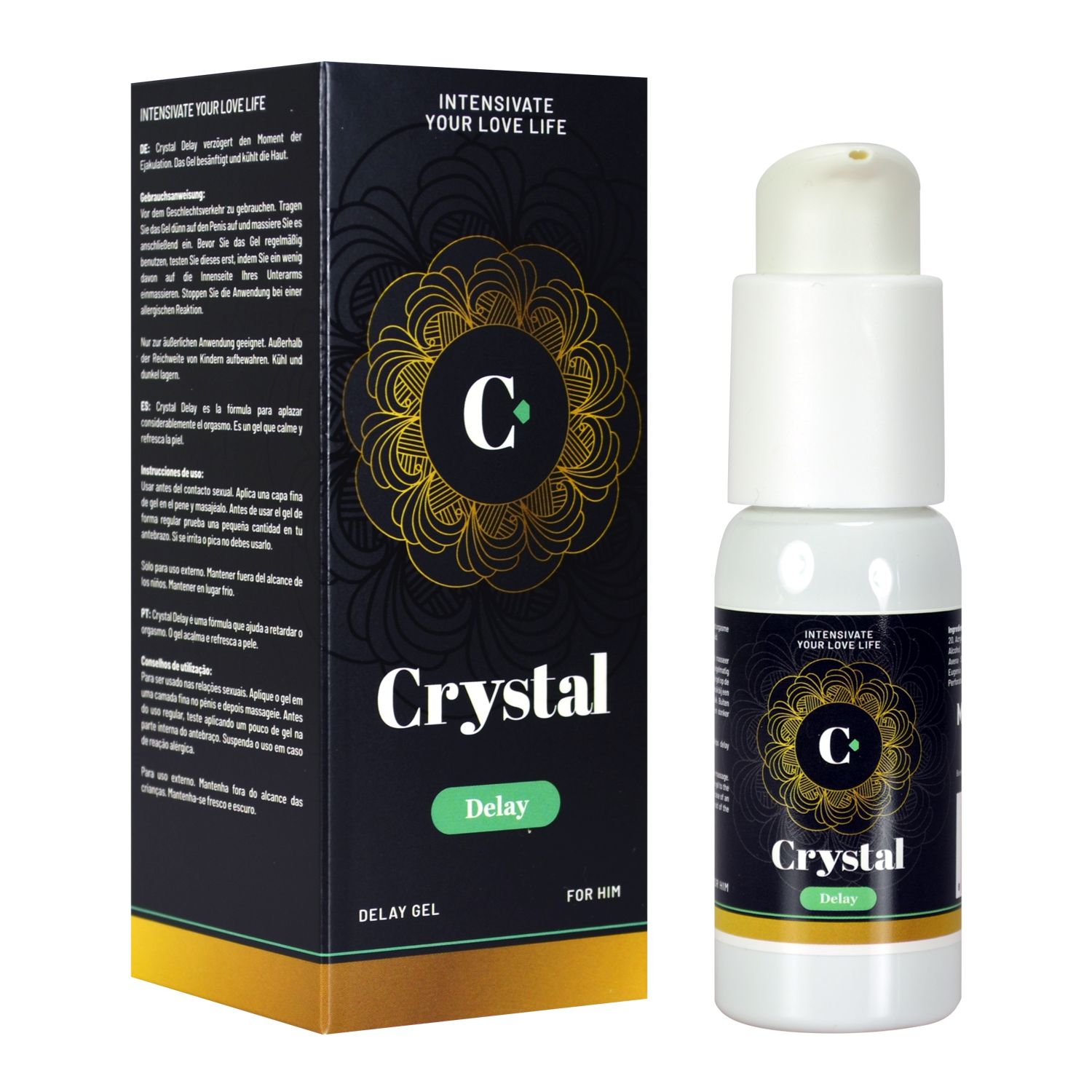 Verpackung und Flasche. Verpackung: schwarz mit goldenem Muster, Text "Crystal Delay". Flasche: weiß, "Crystal Delay".