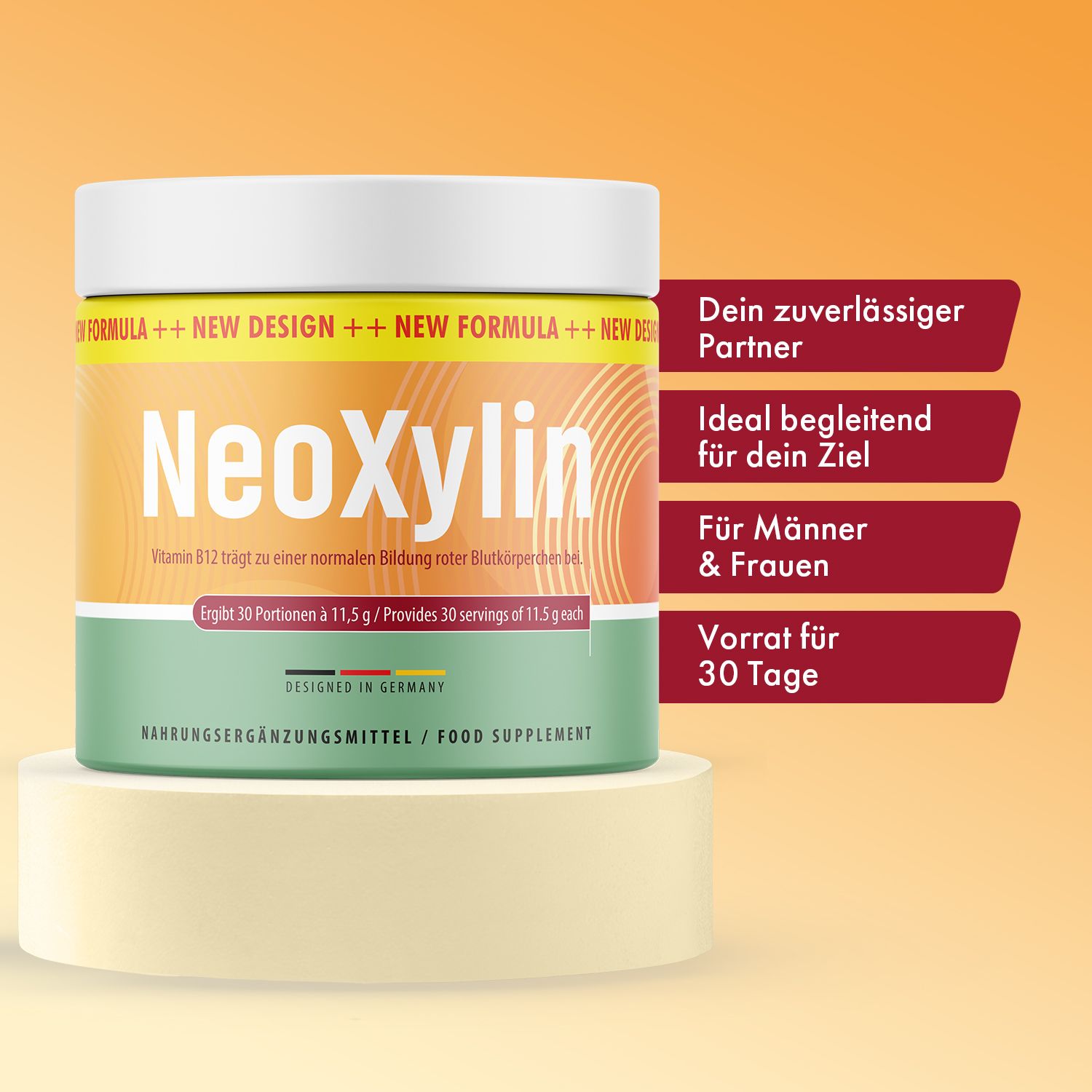 NeoXylin Pulver Dose auf Podest, mit Texten zu Vorteilen wie 'Für Männer & Frauen'.