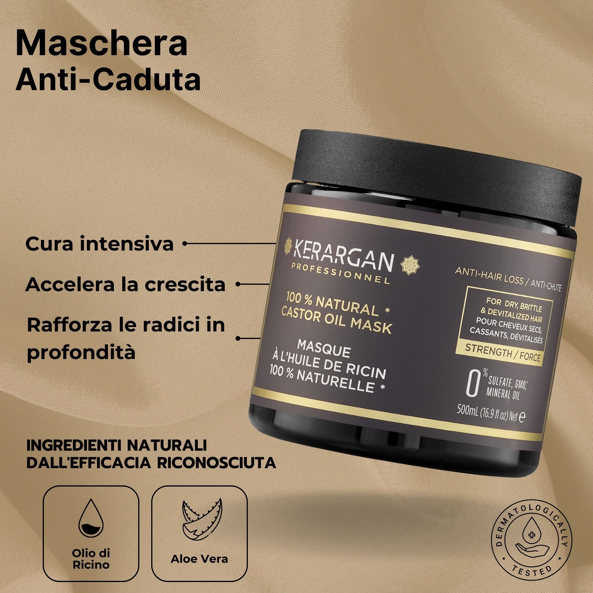 Siero Kerargan. Flacone marrone con vaporizzatore ed etichetta. Testo: 100% Natural Castor Oil Serum. Anti-caduta. 100ml.