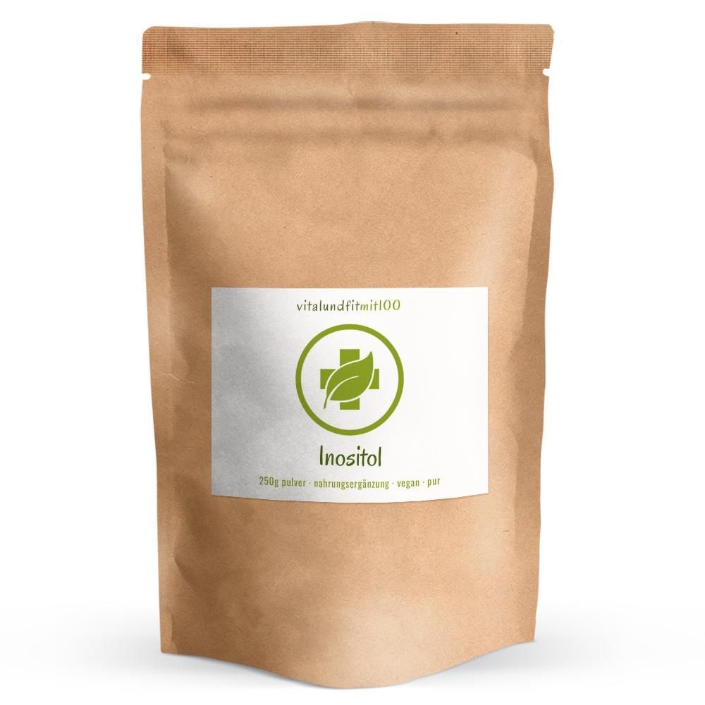 Beutel mit Inositol Pulver. Aufkleber mit Logo und Schriftzug. Vegan.