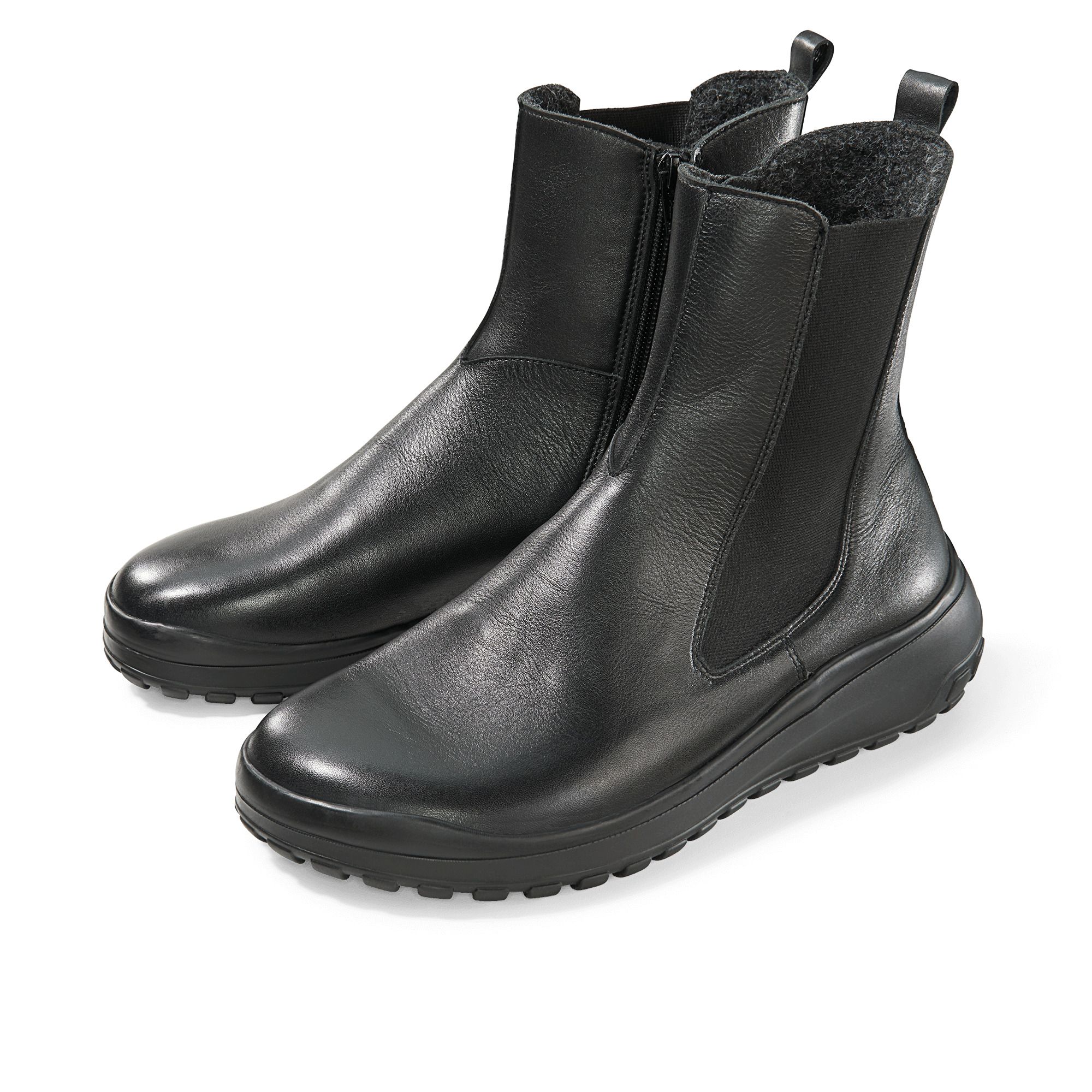 Schwarze Leder-Stiefeletten mit Reißverschluss und elastischem Einsatz.